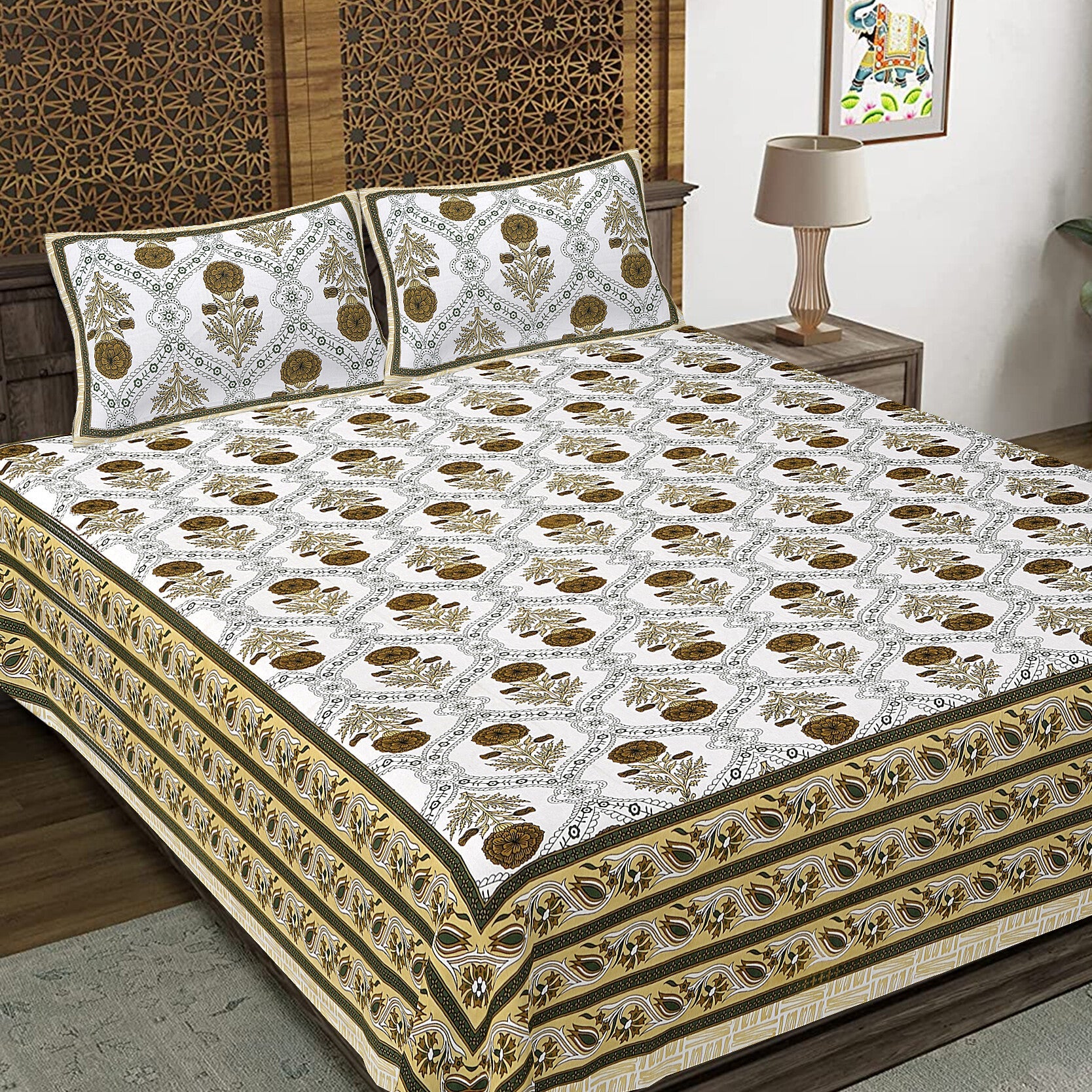 Rudra Bazaar Green 210 TC Cotton Double King Bedsheet With 2 Pillow Covers - Distacart