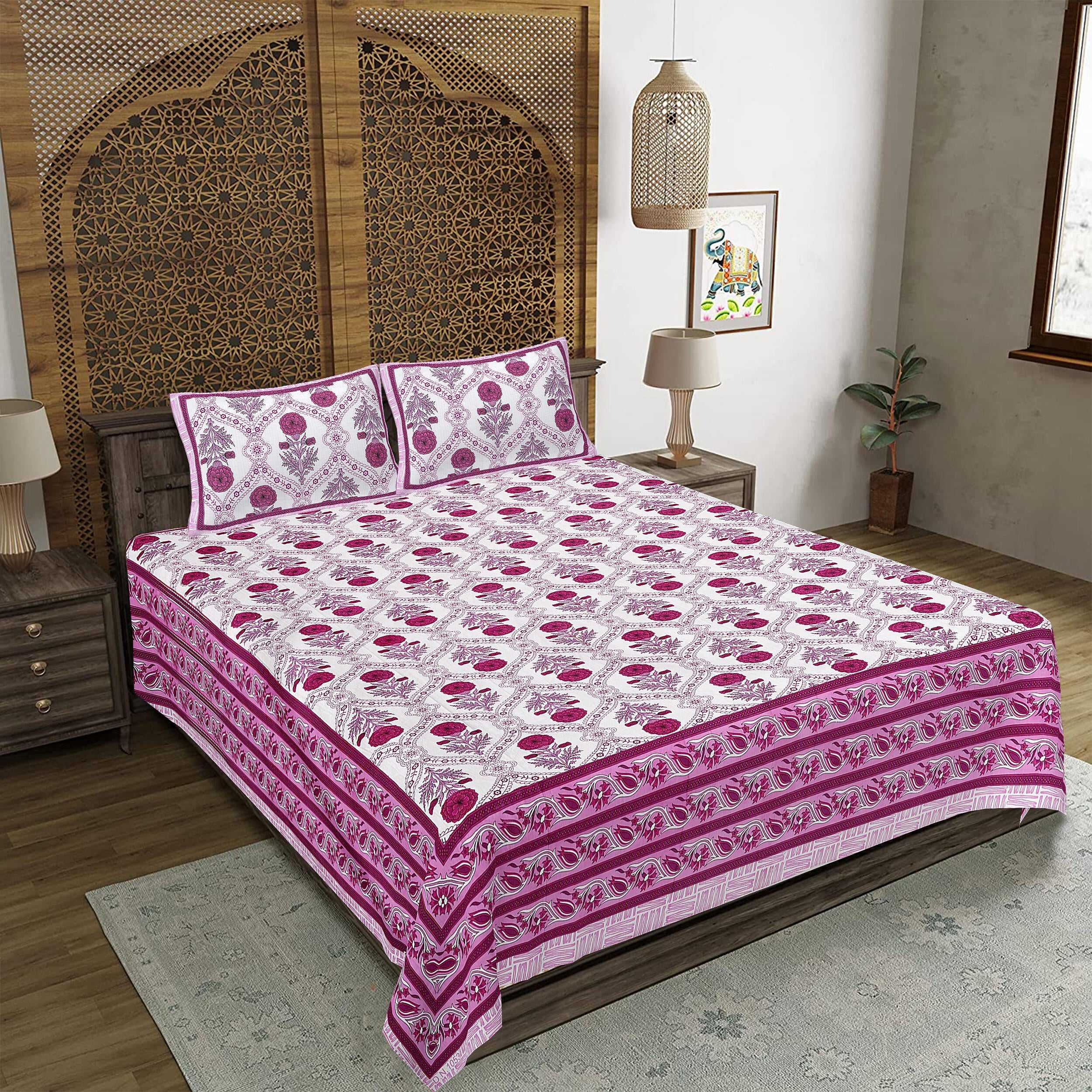 Rudra Bazaar Pink 210 TC Cotton Double King Bedsheet With 2 Pillow Covers - Distacart