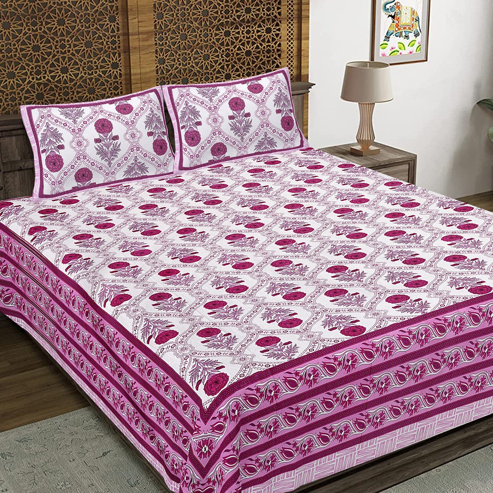 Rudra Bazaar Pink 210 TC Cotton Double King Bedsheet With 2 Pillow Covers - Distacart