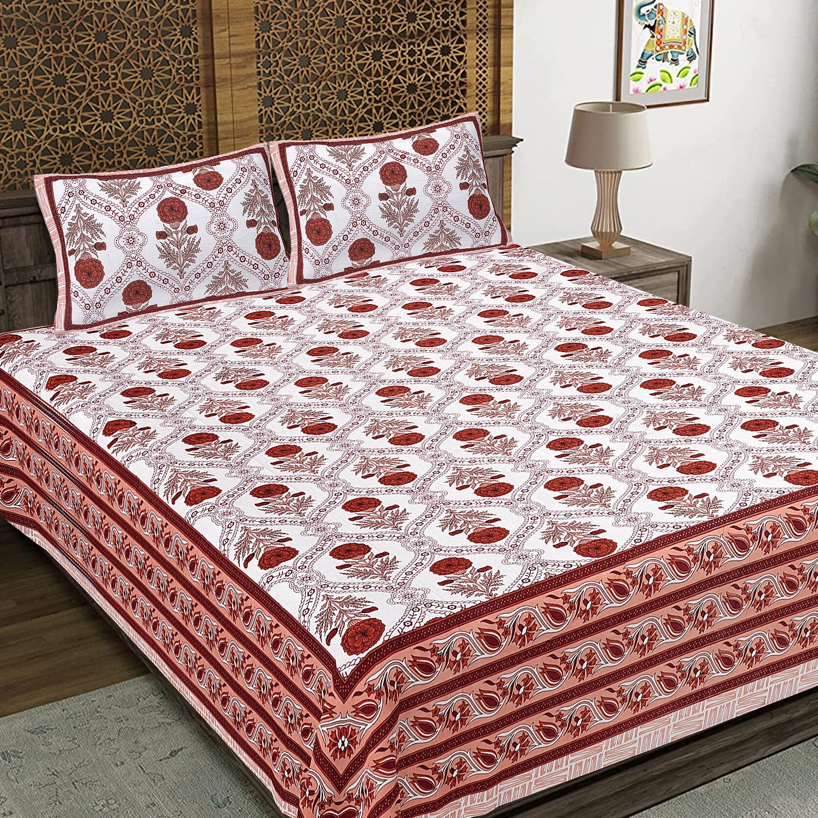 Rudra Bazaar Rust 210 TC Cotton Double King Bedsheet With 2 Pillow Covers - Distacart