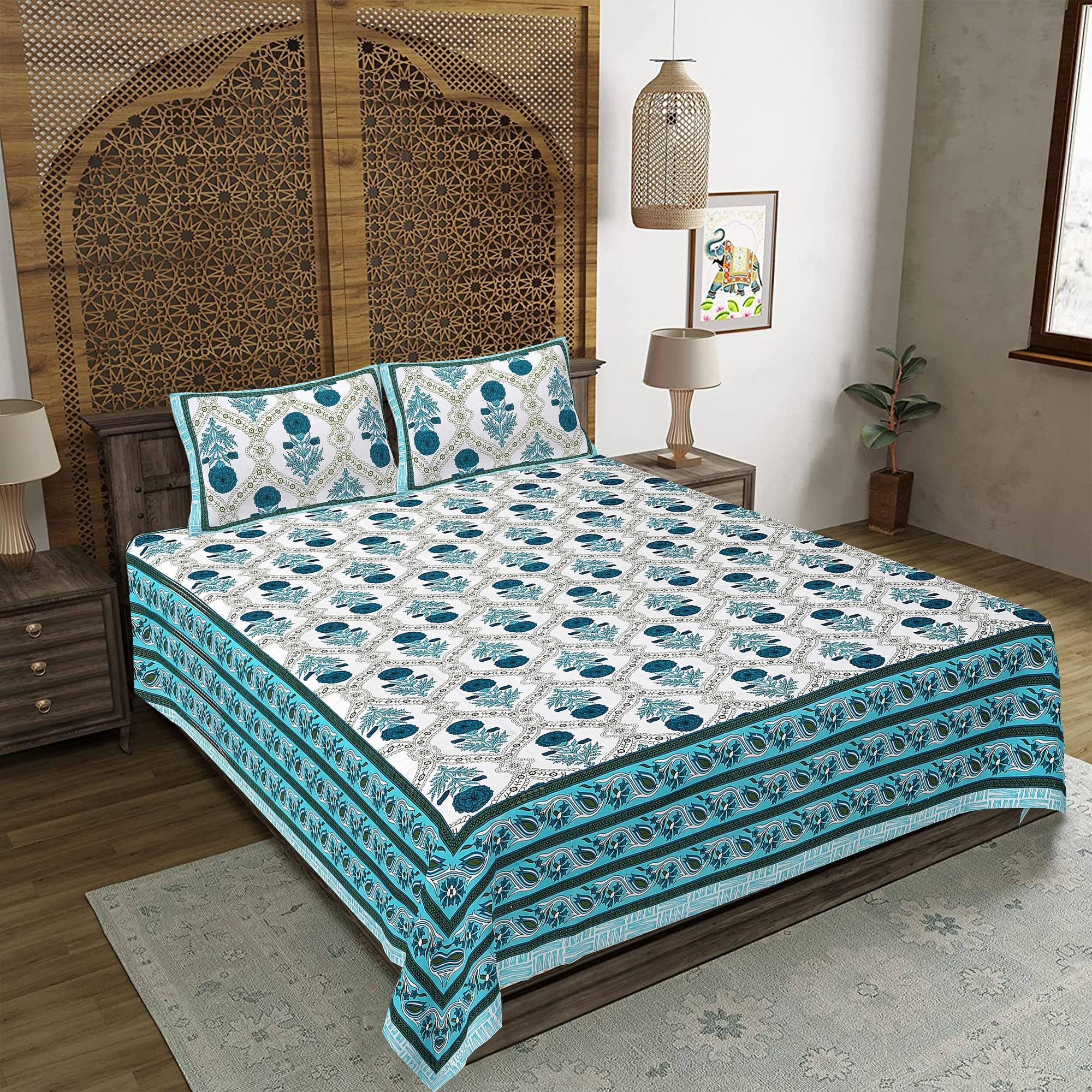 Rudra Bazaar Turquoise Blue 210 TC Cotton Double King Bedsheet With 2 Pillow Covers - Distacart