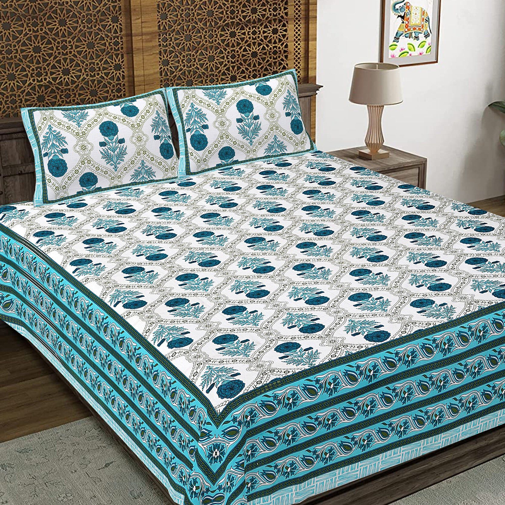 Rudra Bazaar Turquoise Blue 210 TC Cotton Double King Bedsheet With 2 Pillow Covers - Distacart