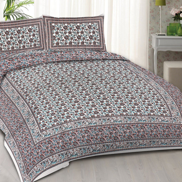 Rudra Bazaar Blue Brown 210 TC Cotton Double King Bedsheet With 2 Pillow Covers - Distacart
