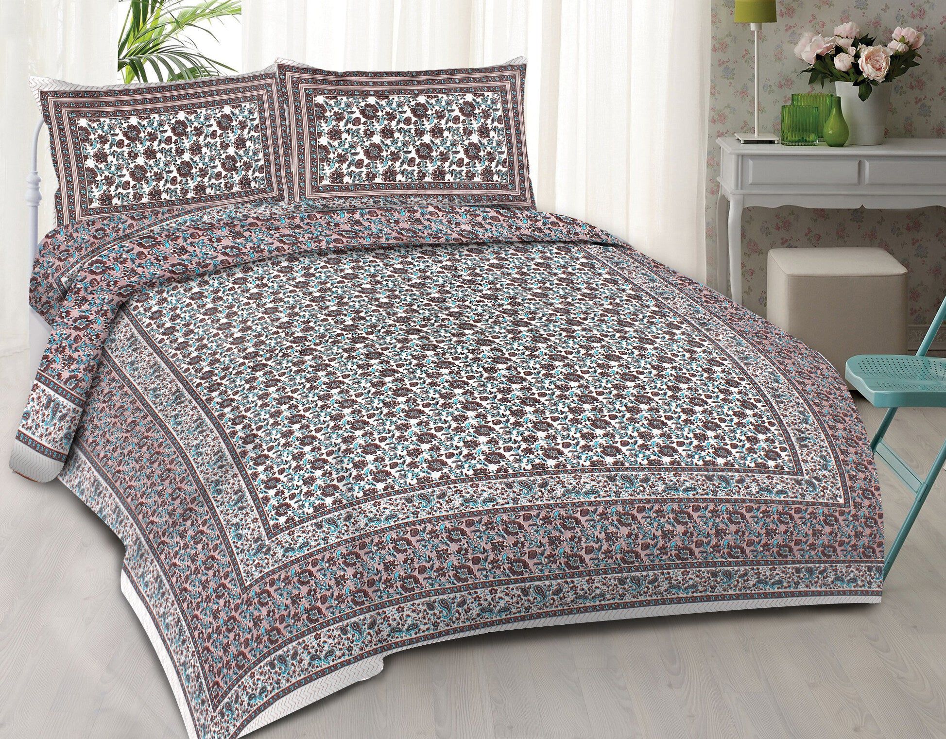 Rudra Bazaar Blue Brown 210 TC Cotton Double King Bedsheet With 2 Pillow Covers - Distacart