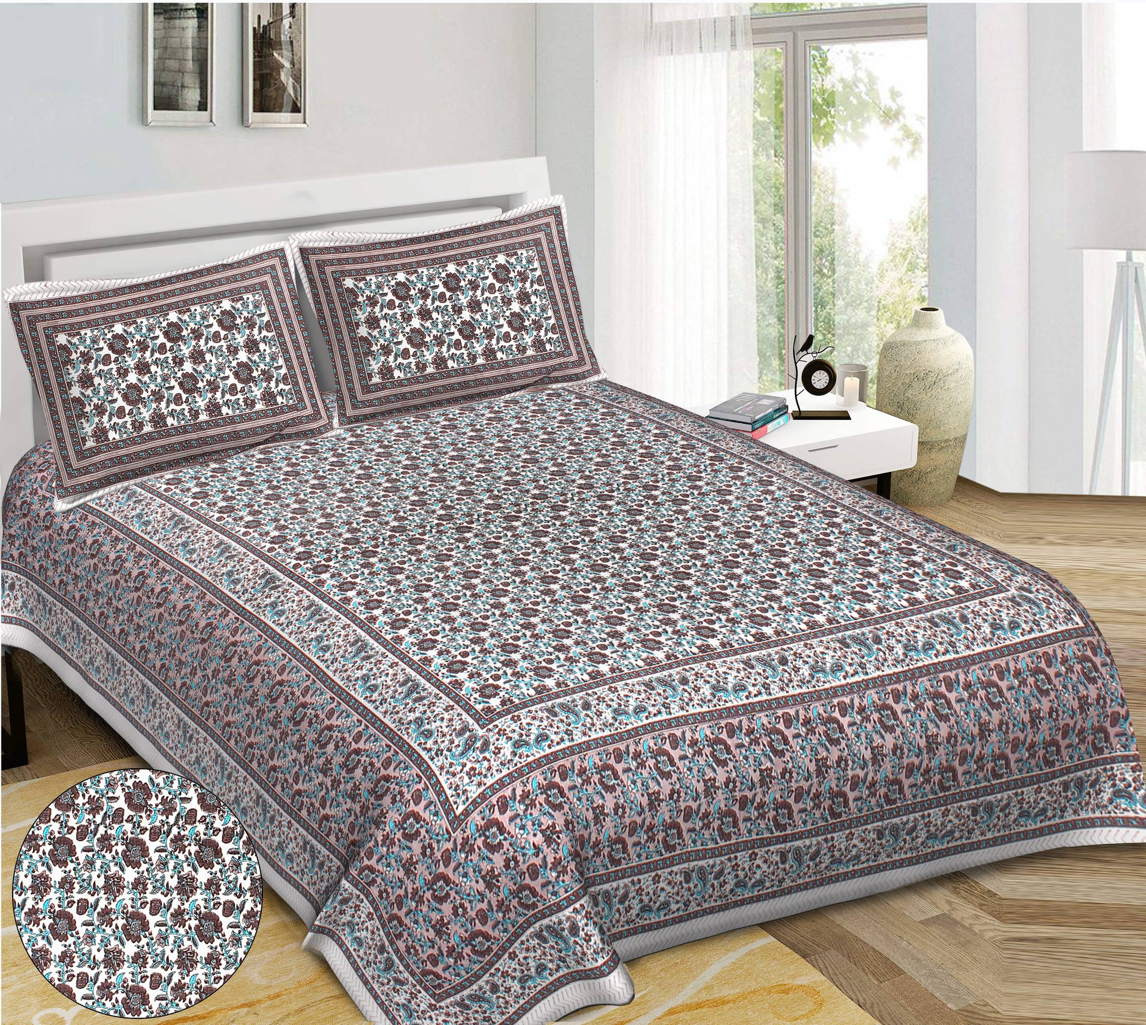 Rudra Bazaar Blue Brown 210 TC Cotton Double King Bedsheet With 2 Pillow Covers - Distacart