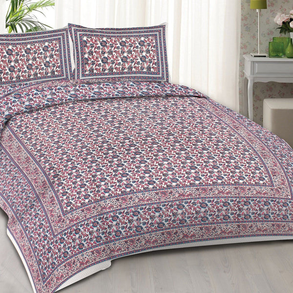 Rudra Bazaar Blue Pink 210 TC Cotton Double King Bedsheet With 2 Pillow Covers - Distacart