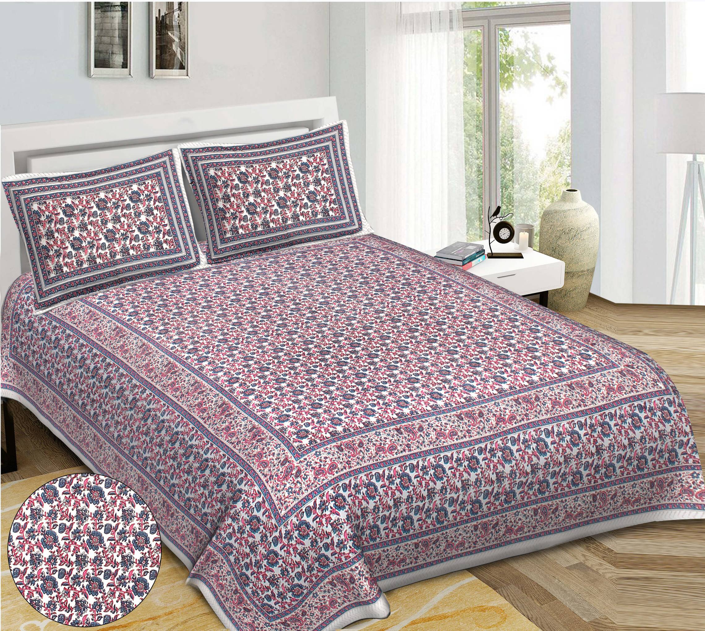 Rudra Bazaar Blue Pink 210 TC Cotton Double King Bedsheet With 2 Pillow Covers - Distacart