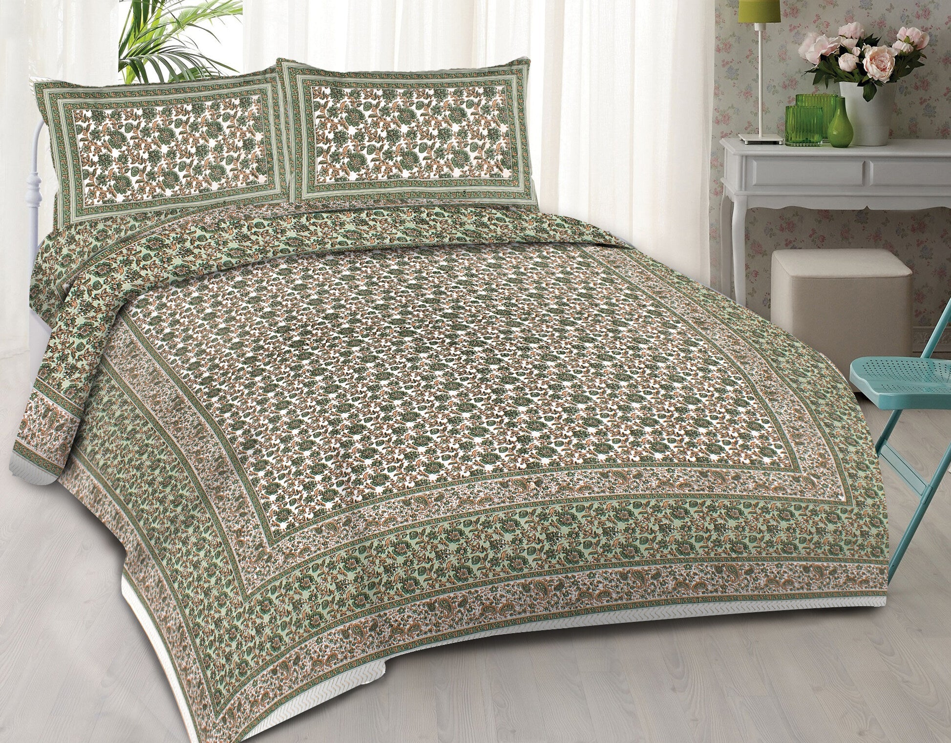 Rudra Bazaar Green 210 TC Cotton Double King Bedsheet With 2 Pillow Covers - Distacart