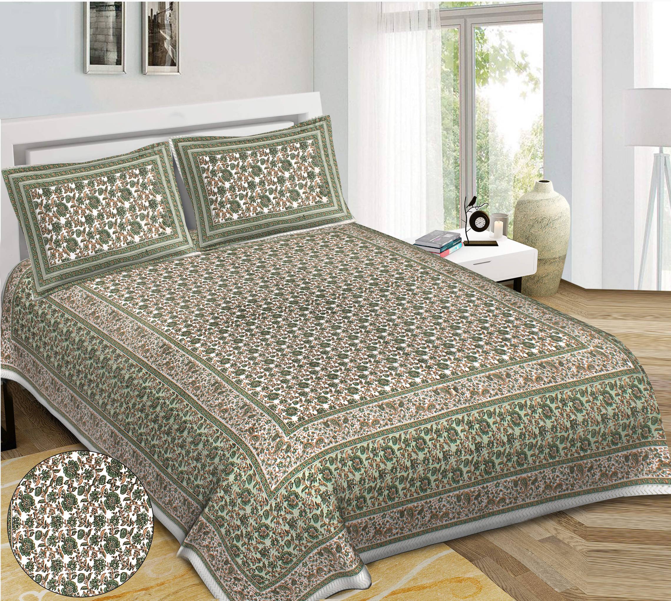 Rudra Bazaar Green 210 TC Cotton Double King Bedsheet With 2 Pillow Covers - Distacart