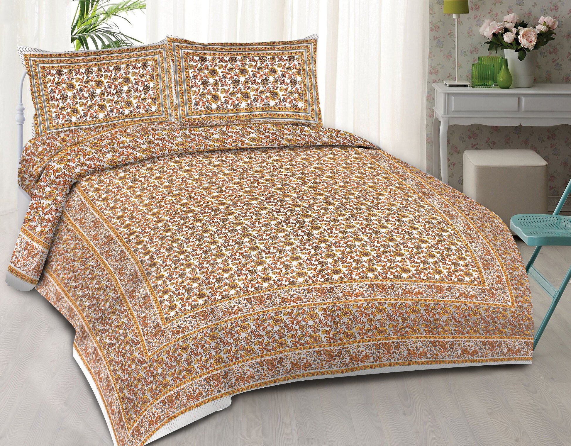 Rudra Bazaar Orange 210 TC Cotton Double King Bedsheet With 2 Pillow Covers - Distacart