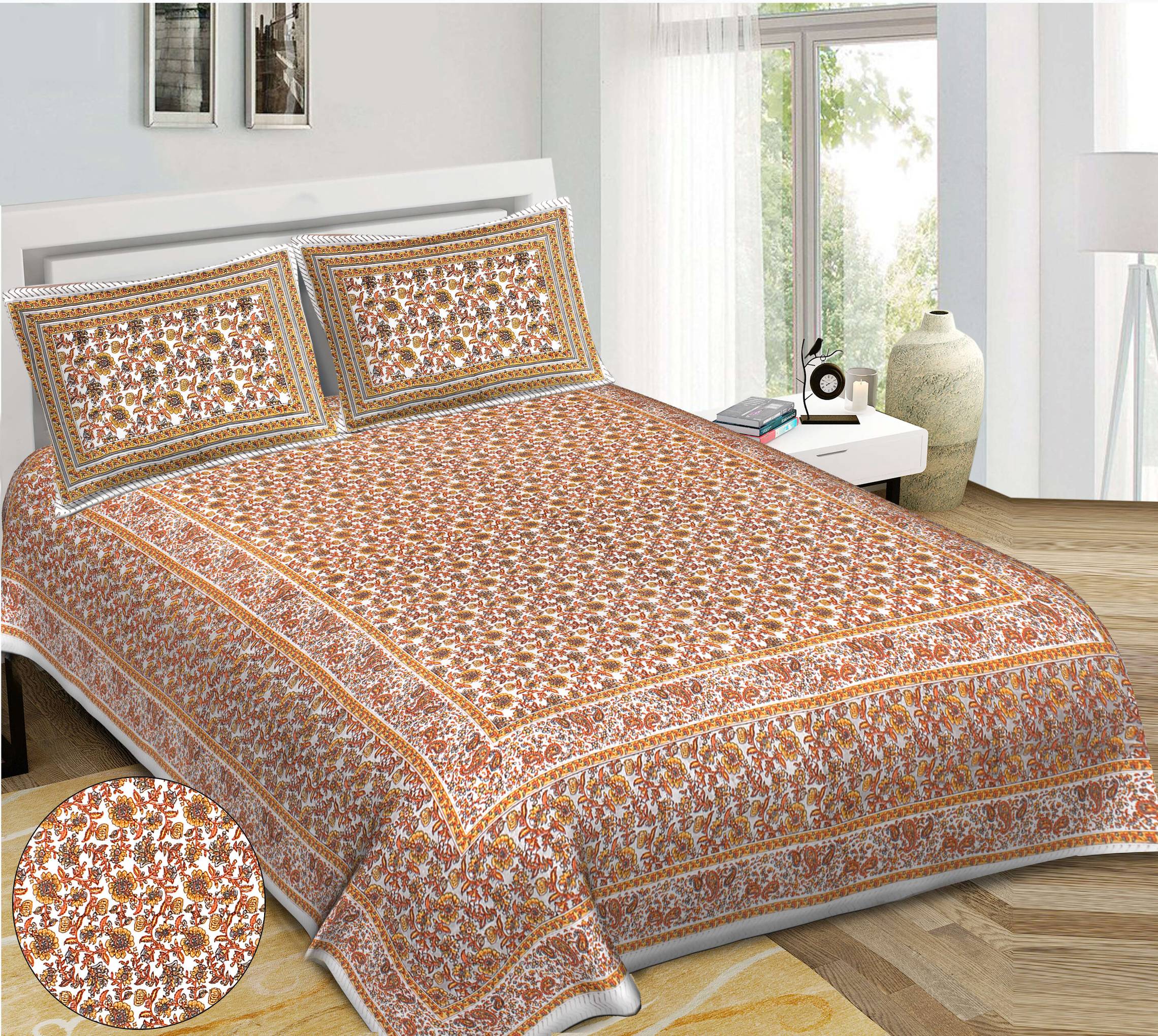 Rudra Bazaar Orange 210 TC Cotton Double King Bedsheet With 2 Pillow Covers - Distacart