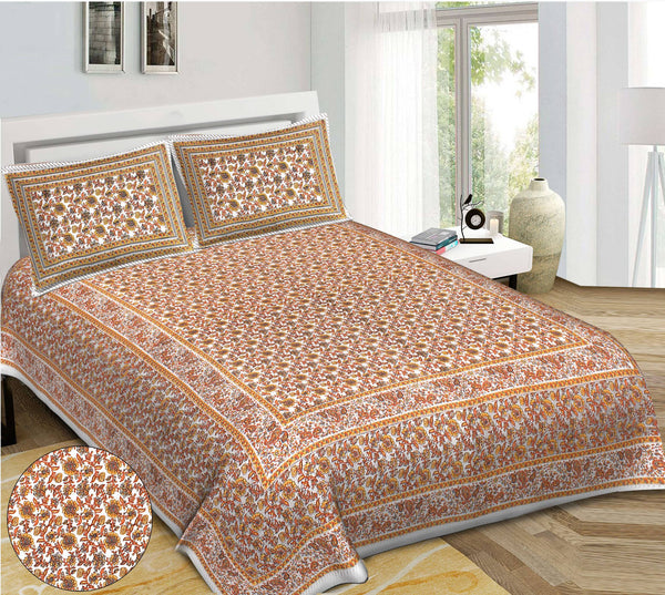 Rudra Bazaar Orange 210 TC Cotton Double King Bedsheet With 2 Pillow Covers