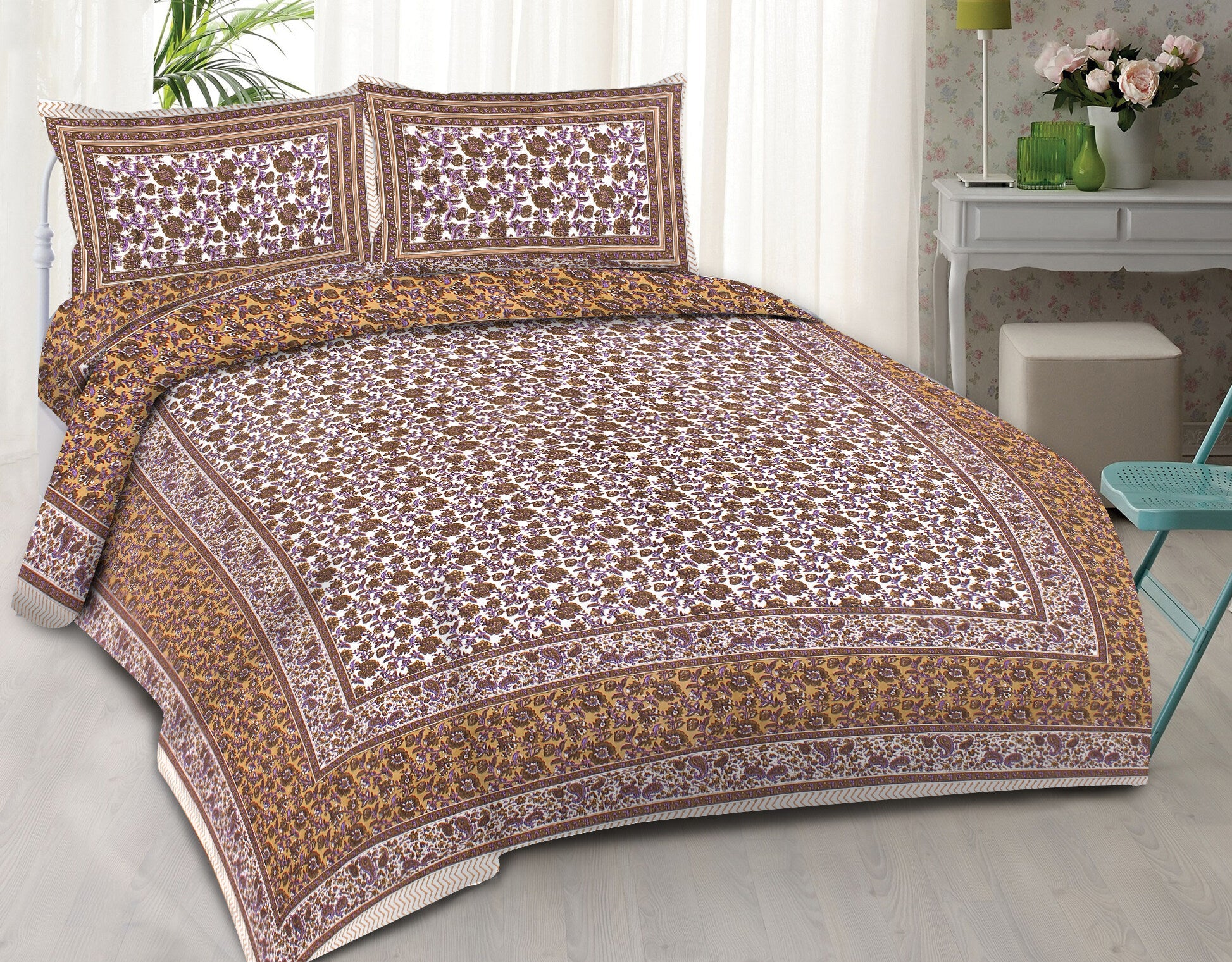 Rudra Bazaar Purple Brown 210 TC Cotton Double King Bedsheet With 2 Pillow Covers - Distacart