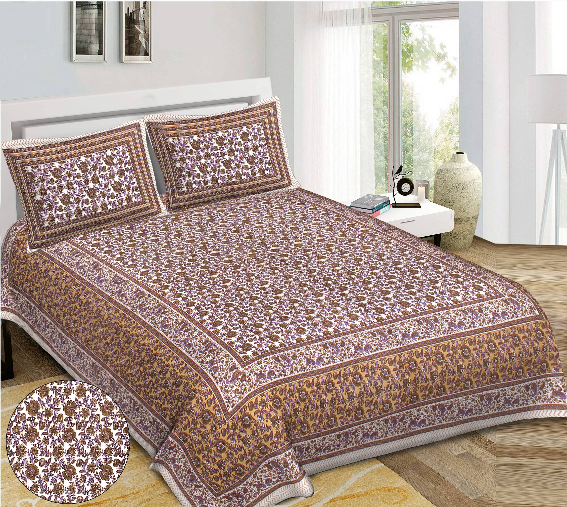 Rudra Bazaar Purple Brown 210 TC Cotton Double King Bedsheet With 2 Pillow Covers - Distacart