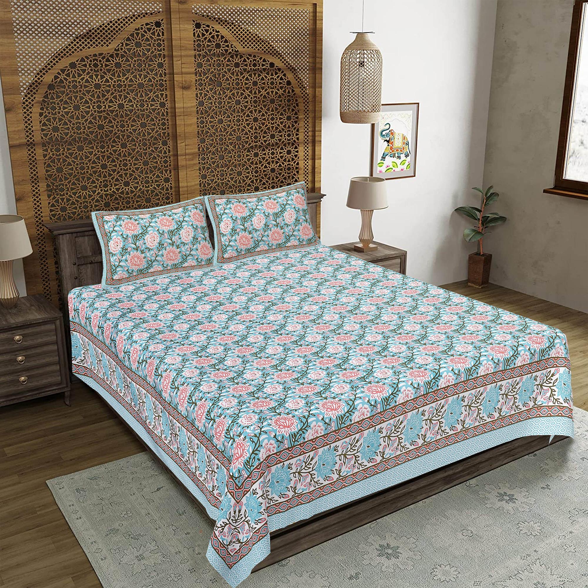Rudra Bazaar Blue 210 TC Cotton Double King Bedsheet With 2 Pillow Covers - Distacart