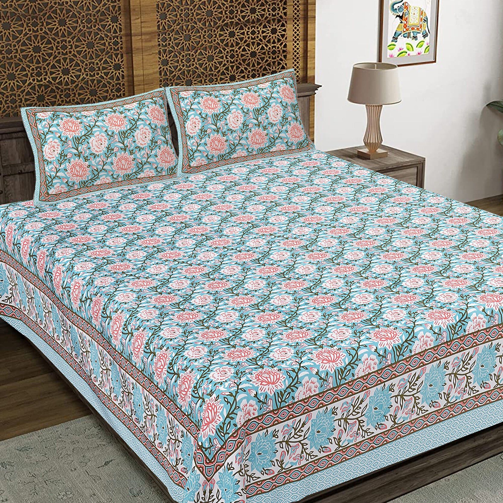 Rudra Bazaar Blue 210 TC Cotton Double King Bedsheet With 2 Pillow Covers - Distacart