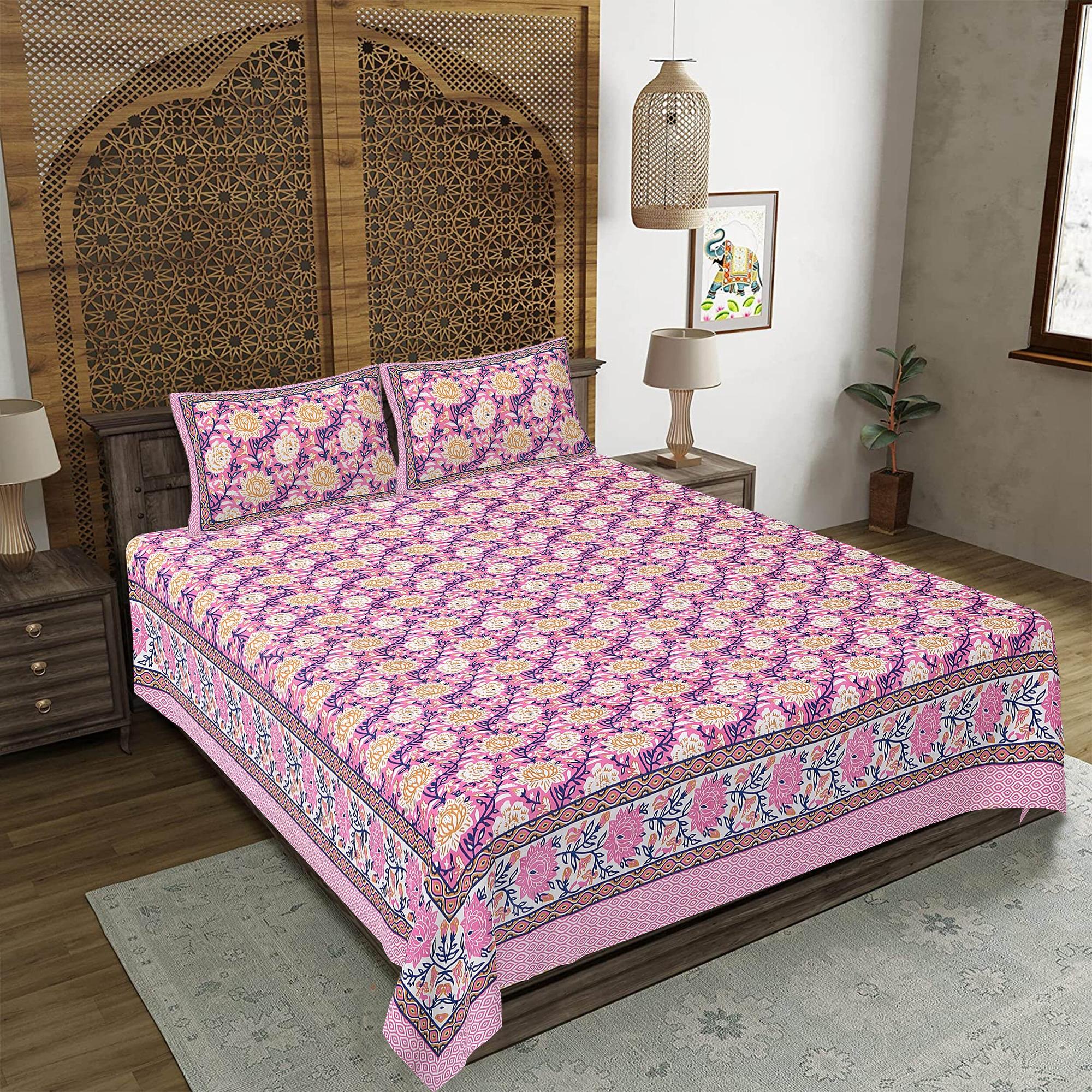 Rudra Bazaar Pink 210 TC Cotton Double King Bedsheet With 2 Pillow Covers - Distacart