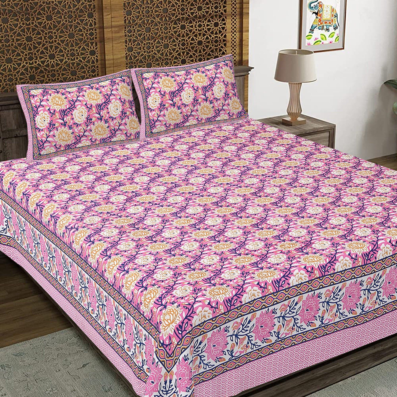 Rudra Bazaar Pink 210 TC Cotton Double King Bedsheet With 2 Pillow Covers - Distacart
