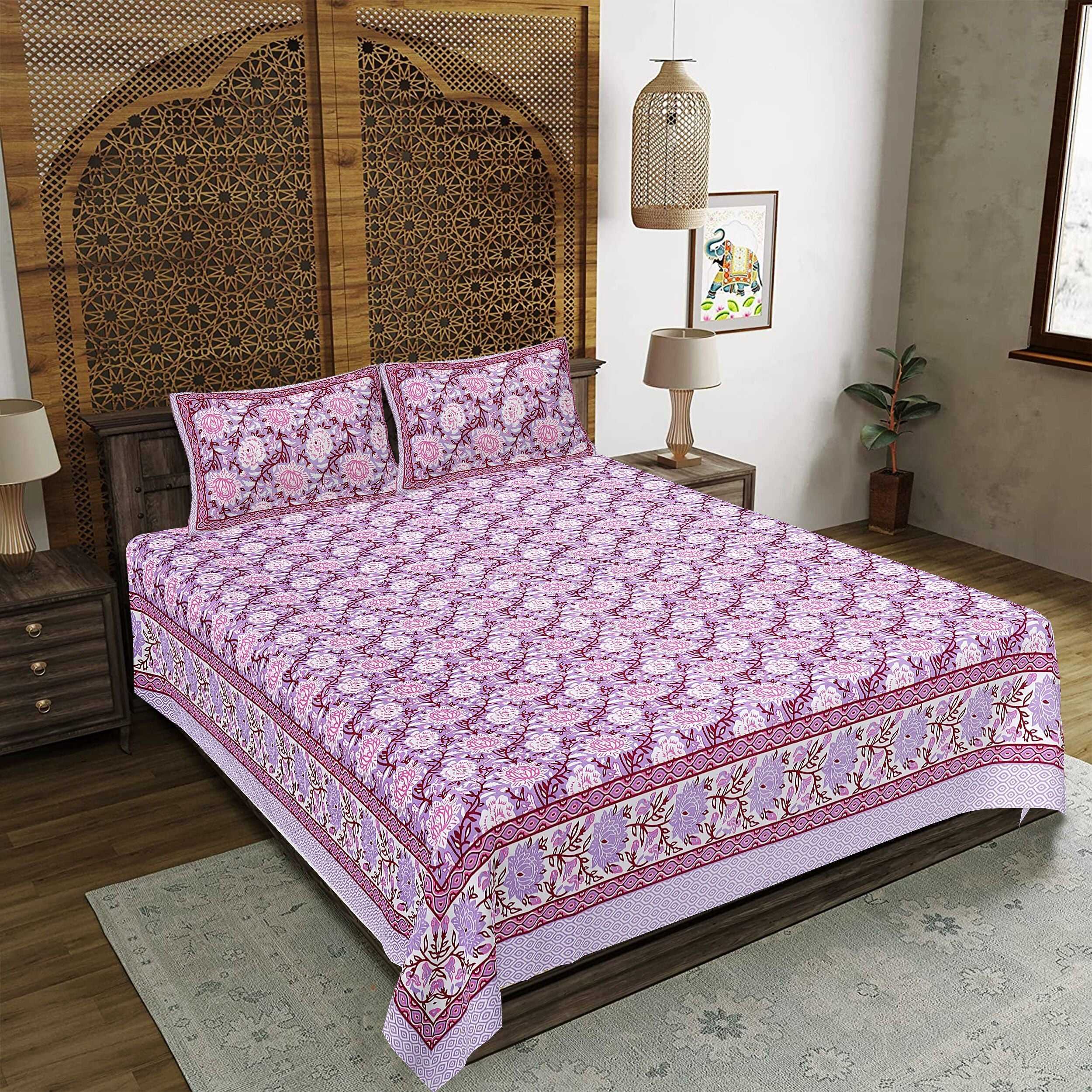 Rudra Bazaar Purple 210 TC Cotton Double King Bedsheet With 2 Pillow Covers - Distacart