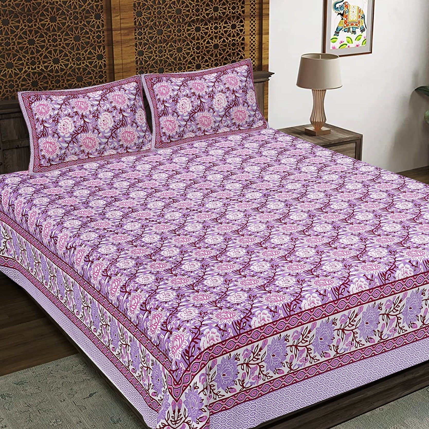 Rudra Bazaar Purple 210 TC Cotton Double King Bedsheet With 2 Pillow Covers - Distacart