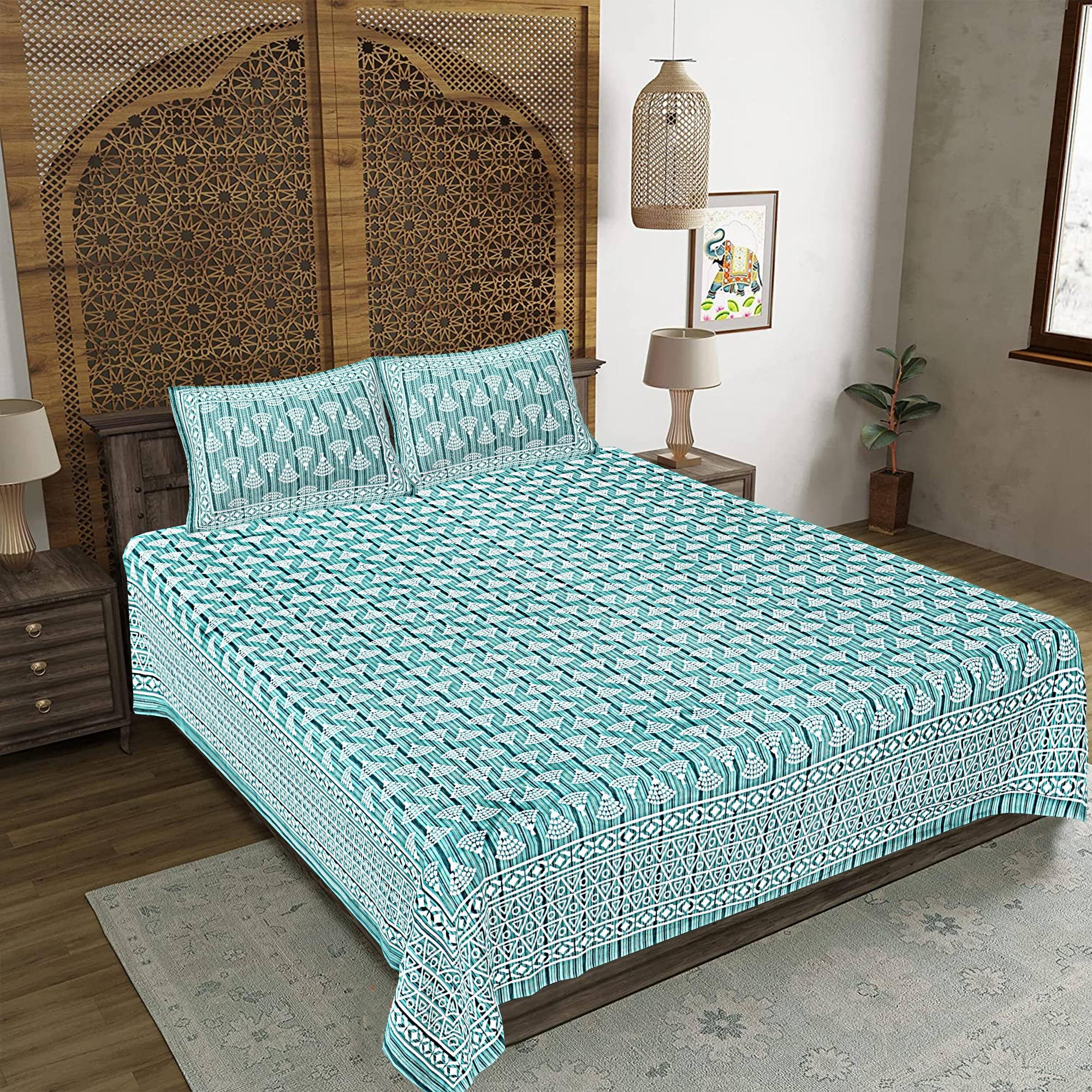 Rudra Bazaar Sea Green 210 TC Cotton Double King Bedsheet With 2 Pillow Covers - Distacart