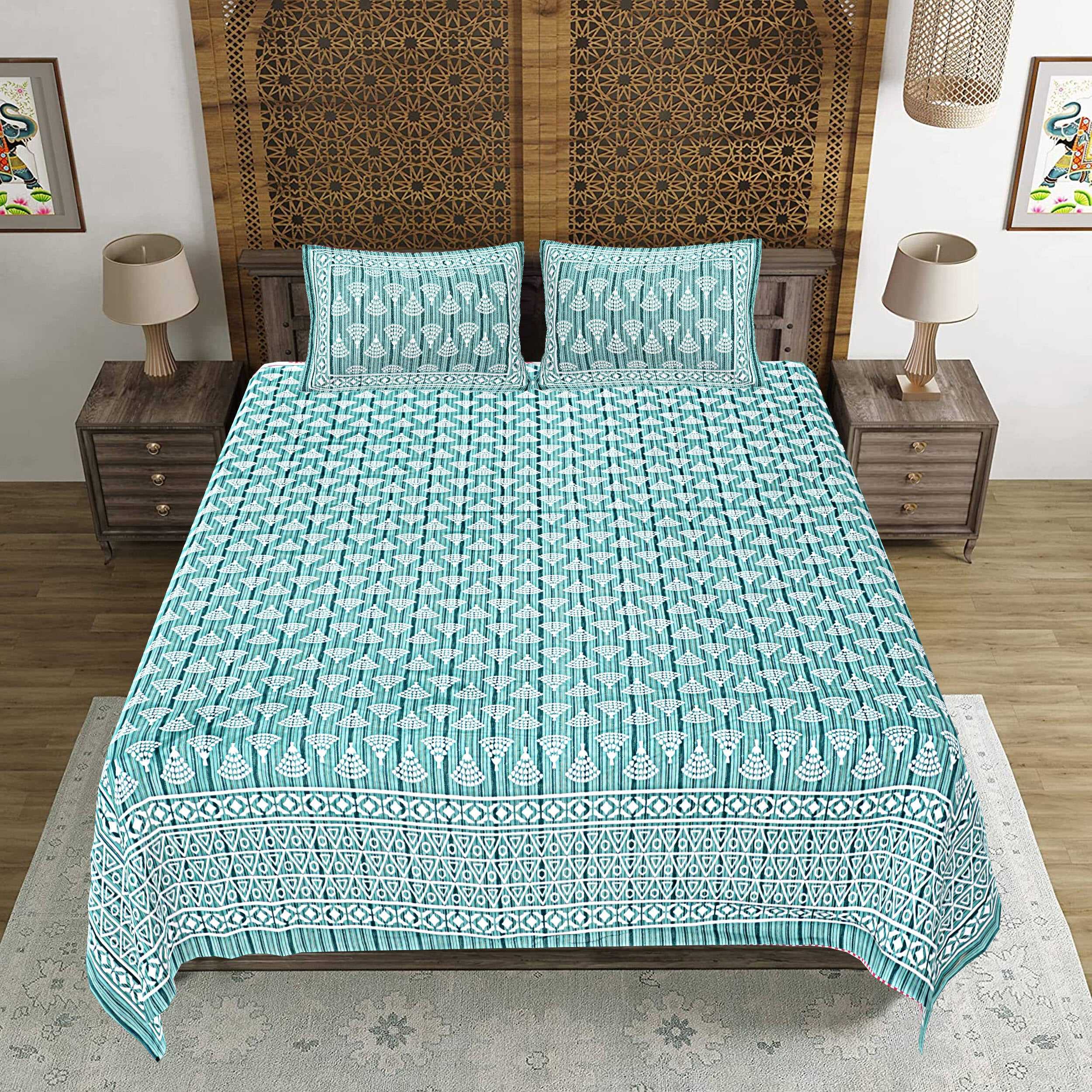 Rudra Bazaar Sea Green 210 TC Cotton Double King Bedsheet With 2 Pillow Covers - Distacart