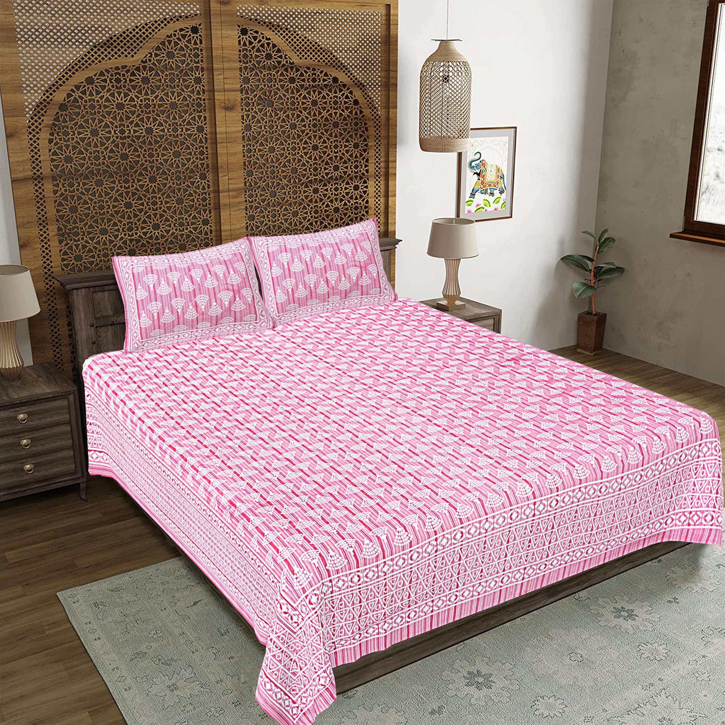 Rudra Bazaar Pink 210 TC Cotton Double King Bedsheet With 2 Pillow Covers - Distacart