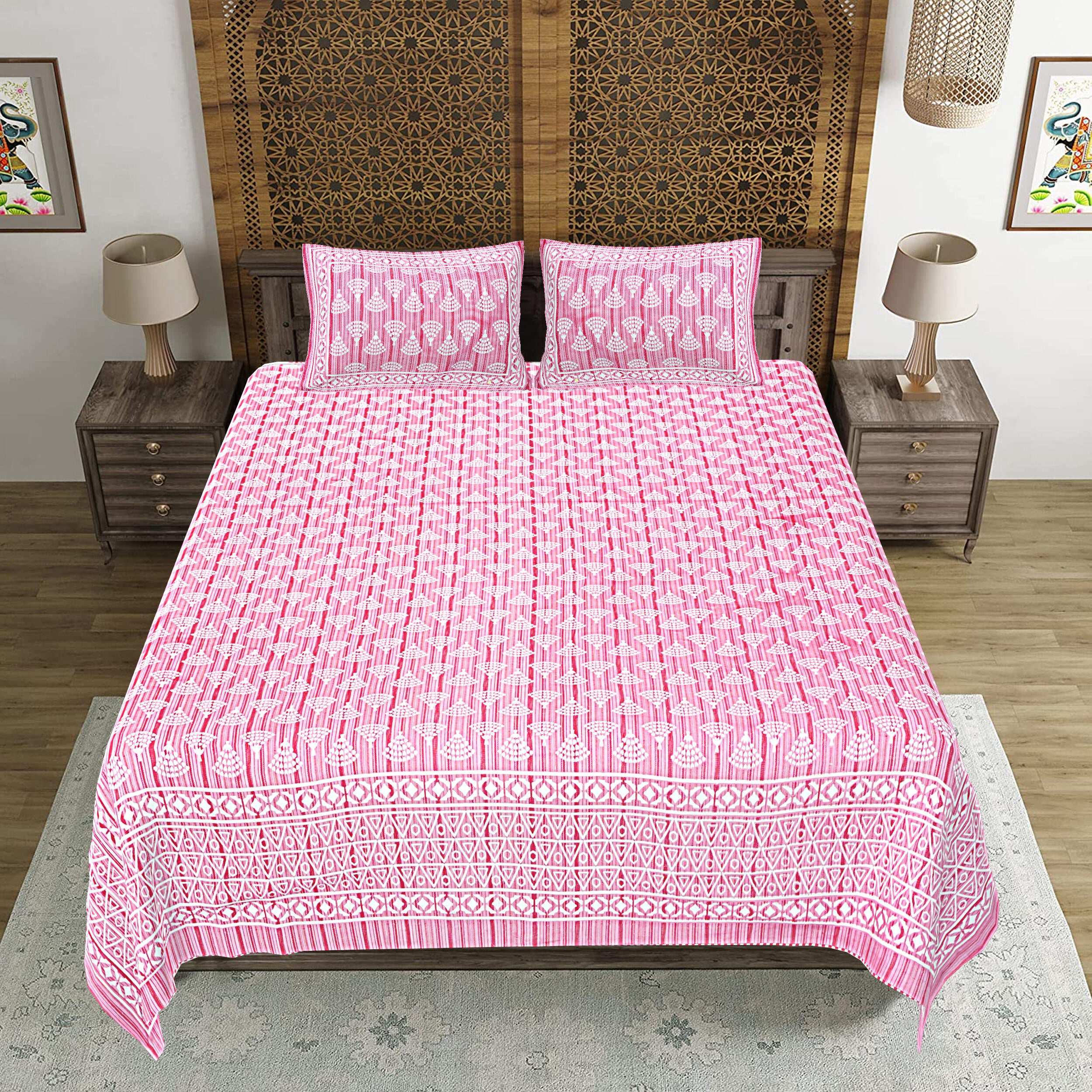 Rudra Bazaar Pink 210 TC Cotton Double King Bedsheet With 2 Pillow Covers - Distacart