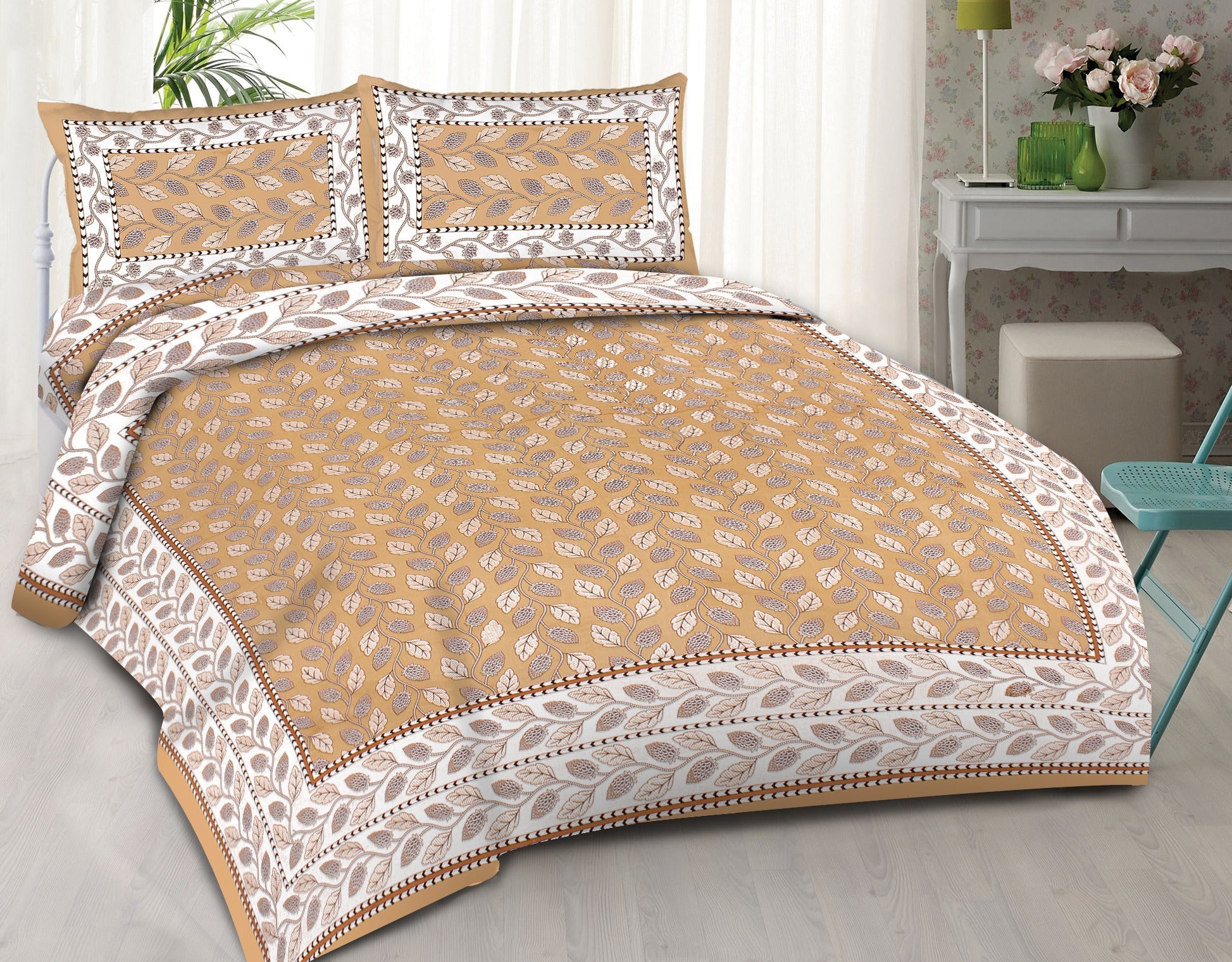 Rudra Bazaar Brown 210 TC Cotton Double King Bedsheet With 2 Pillow Covers - Distacart