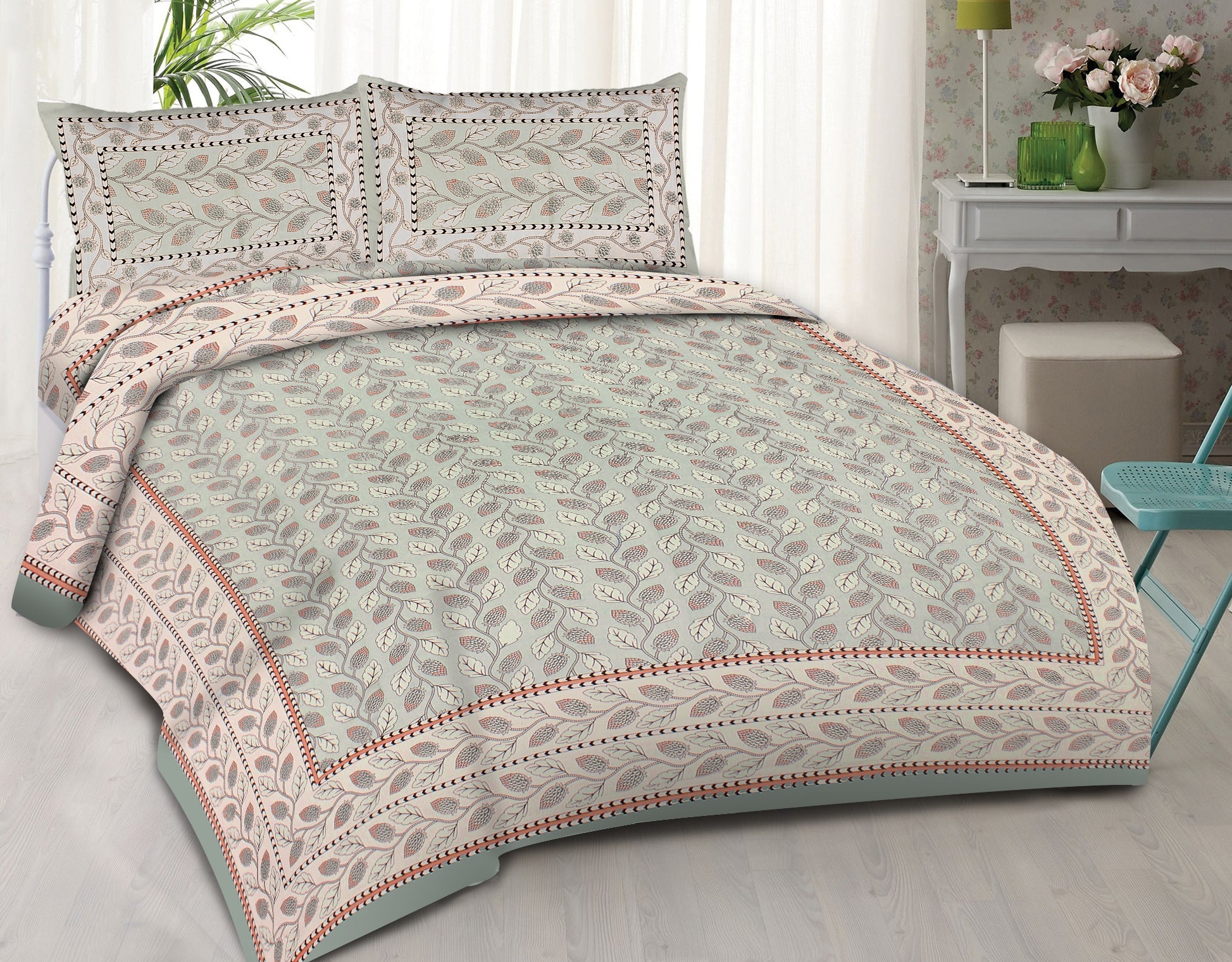 Rudra Bazaar Sea Green 210 TC Cotton Double King Bedsheet With 2 Pillow Covers - Distacart