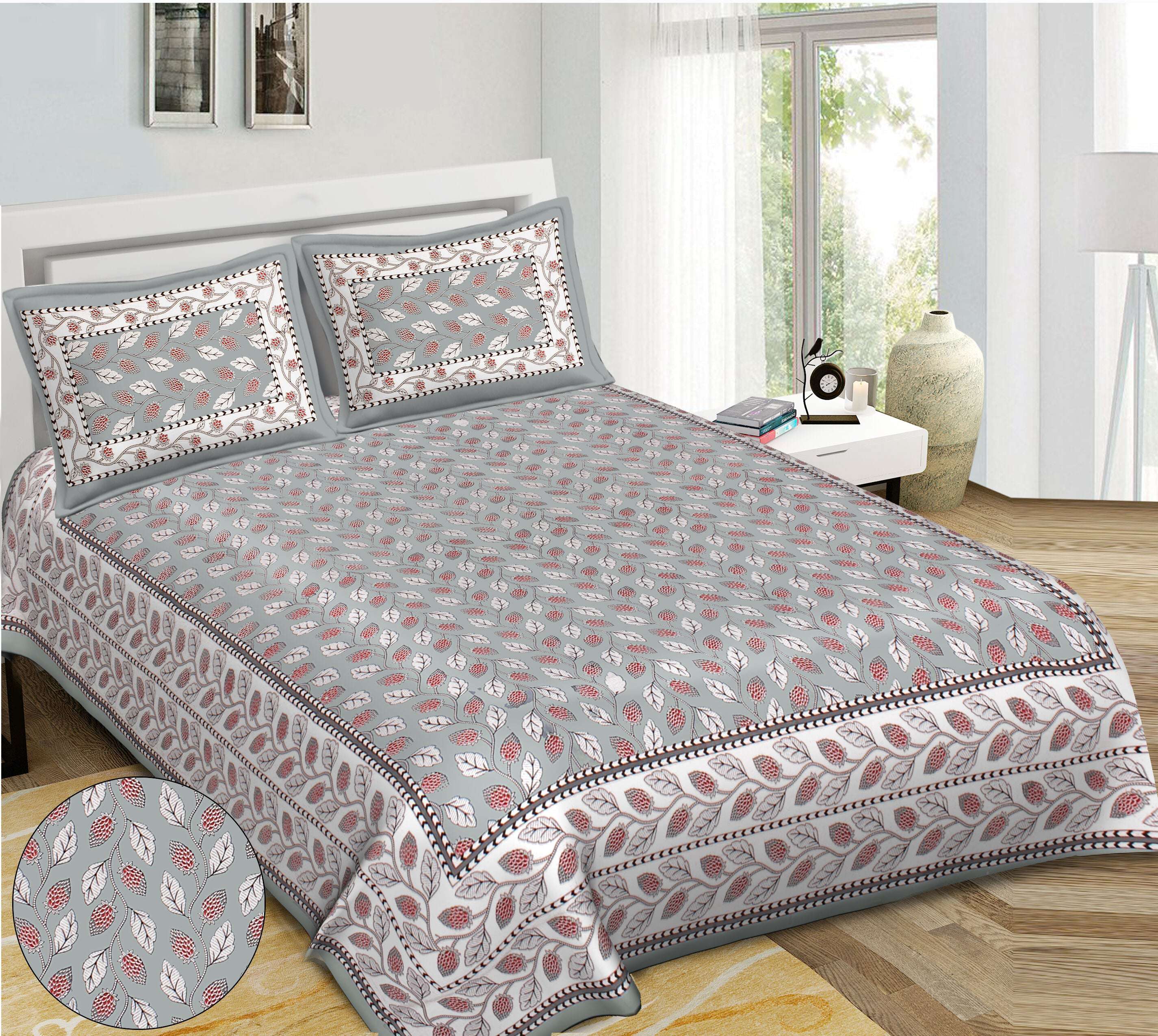 Rudra Bazaar Grey 210 TC Cotton Double King Bedsheet With 2 Pillow Covers - Distacart