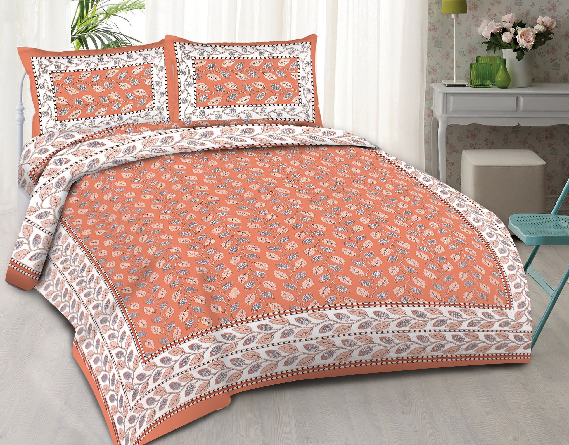 Rudra Bazaar Orange 210 TC Cotton Double King Bedsheet With 2 Pillow Covers - Distacart