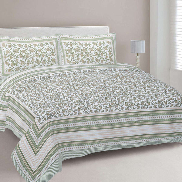 Rudra Bazaar Green 210 TC Cotton Double King Bedsheet With 2 Pillow Covers - Distacart