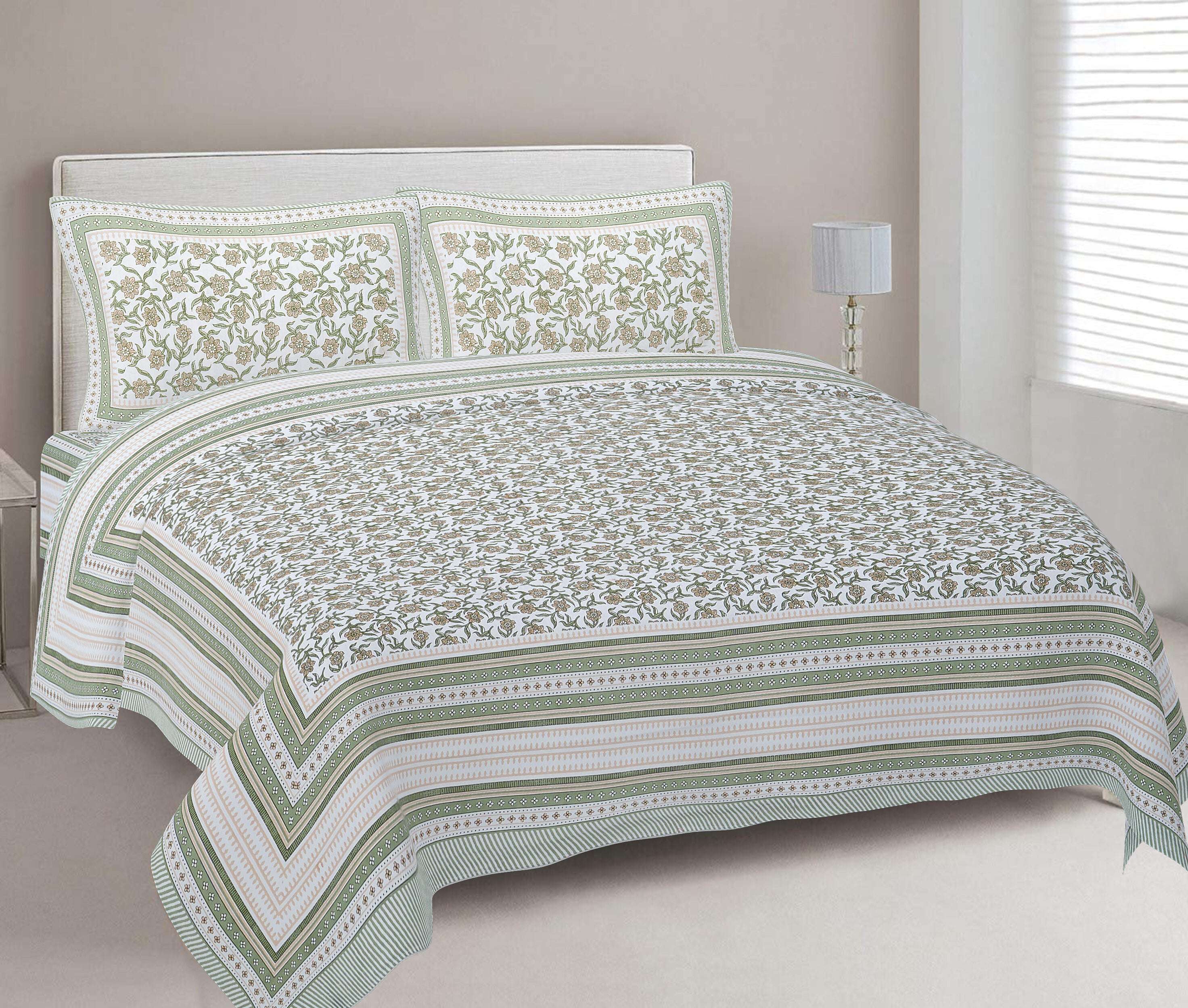 Rudra Bazaar Green 210 TC Cotton Double King Bedsheet With 2 Pillow Covers - Distacart
