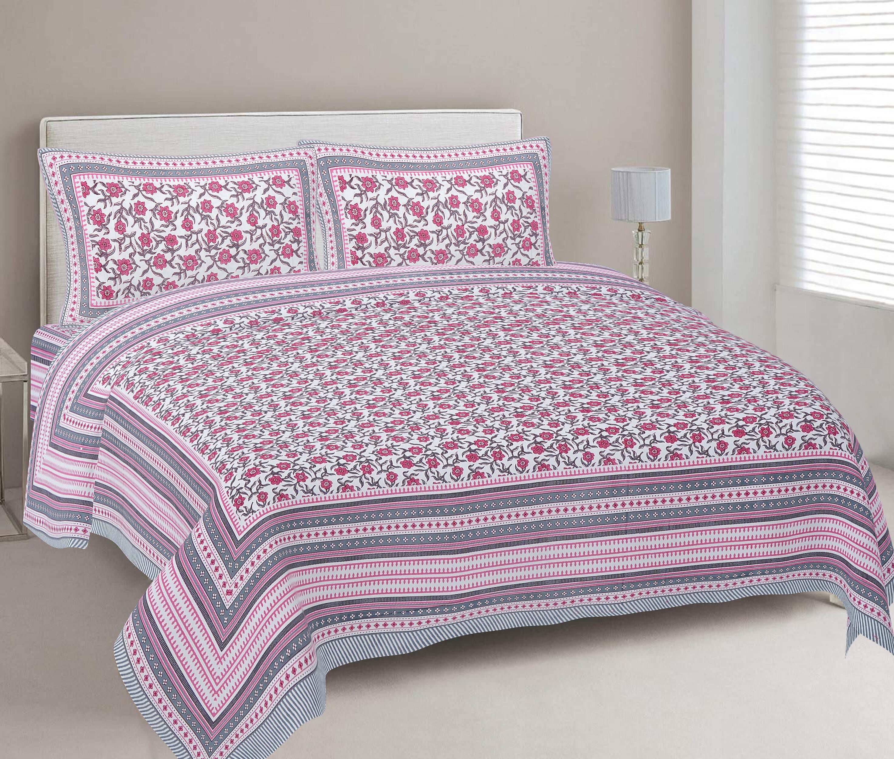 Rudra Bazaar Pink 210 TC Cotton Double King Bedsheet With 2 Pillow Covers - Distacart