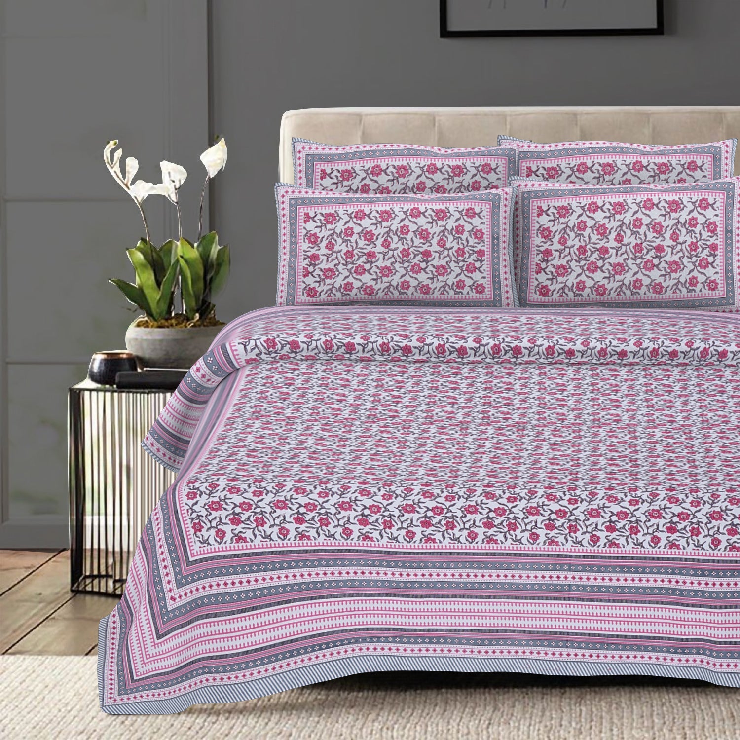 Rudra Bazaar Pink 210 TC Cotton Double King Bedsheet With 2 Pillow Covers - Distacart