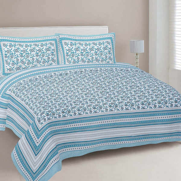 Rudra Bazaar Turquoise Blue 210 TC Cotton Double King Bedsheet With 2 Pillow Covers - Distacart
