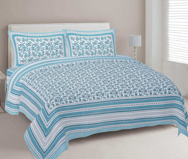 Rudra Bazaar Turquoise Blue 210 TC Cotton Double King Bedsheet With 2 Pillow Covers