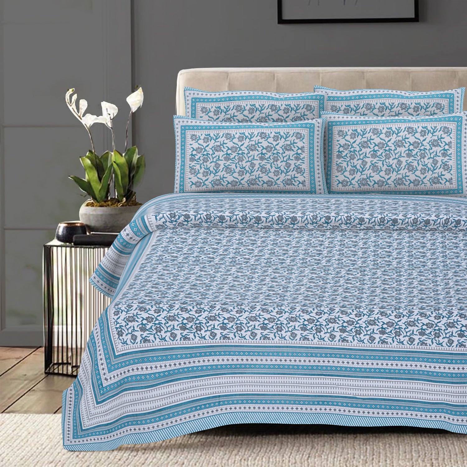 Rudra Bazaar Turquoise Blue 210 TC Cotton Double King Bedsheet With 2 Pillow Covers - Distacart