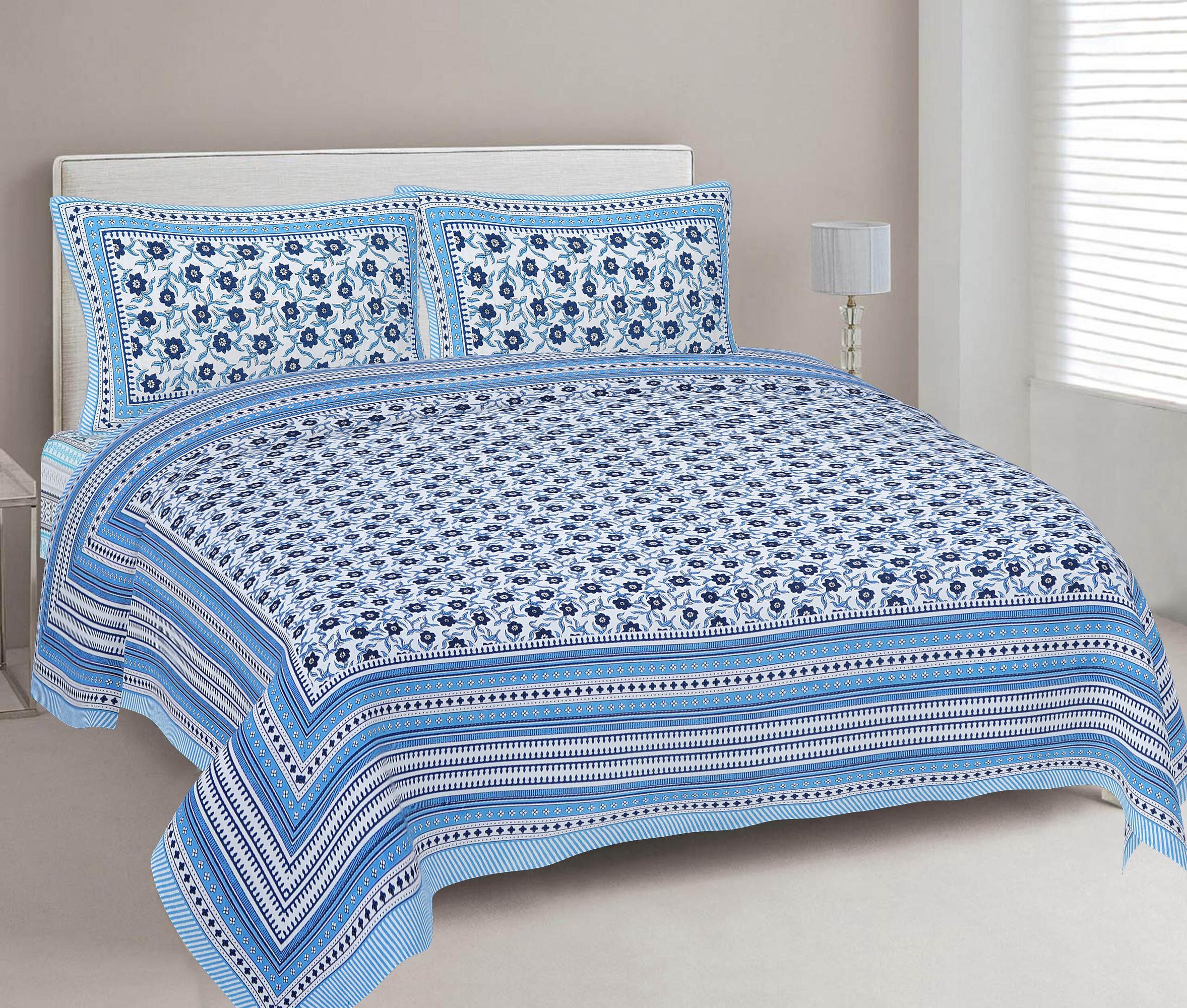 Rudra Bazaar Blue 210 TC Cotton Double King Bedsheet With 2 Pillow Covers - Distacart