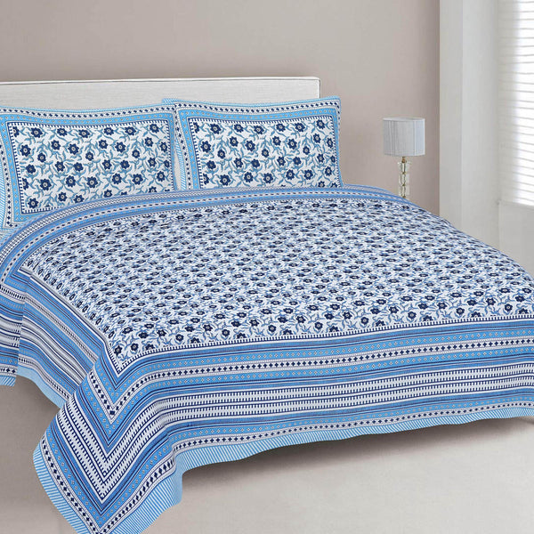 Rudra Bazaar Blue 210 TC Cotton Double King Bedsheet With 2 Pillow Covers - Distacart