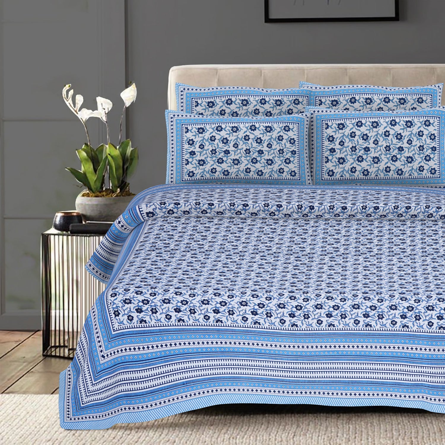 Rudra Bazaar Blue 210 TC Cotton Double King Bedsheet With 2 Pillow Covers - Distacart