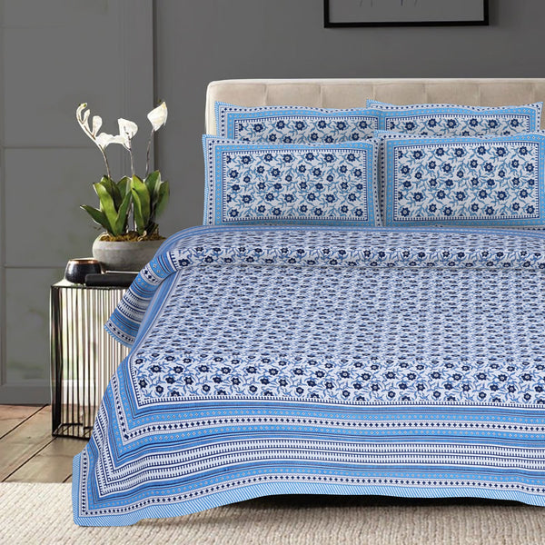 Rudra Bazaar Blue 210 TC Cotton Double King Bedsheet With 2 Pillow Covers