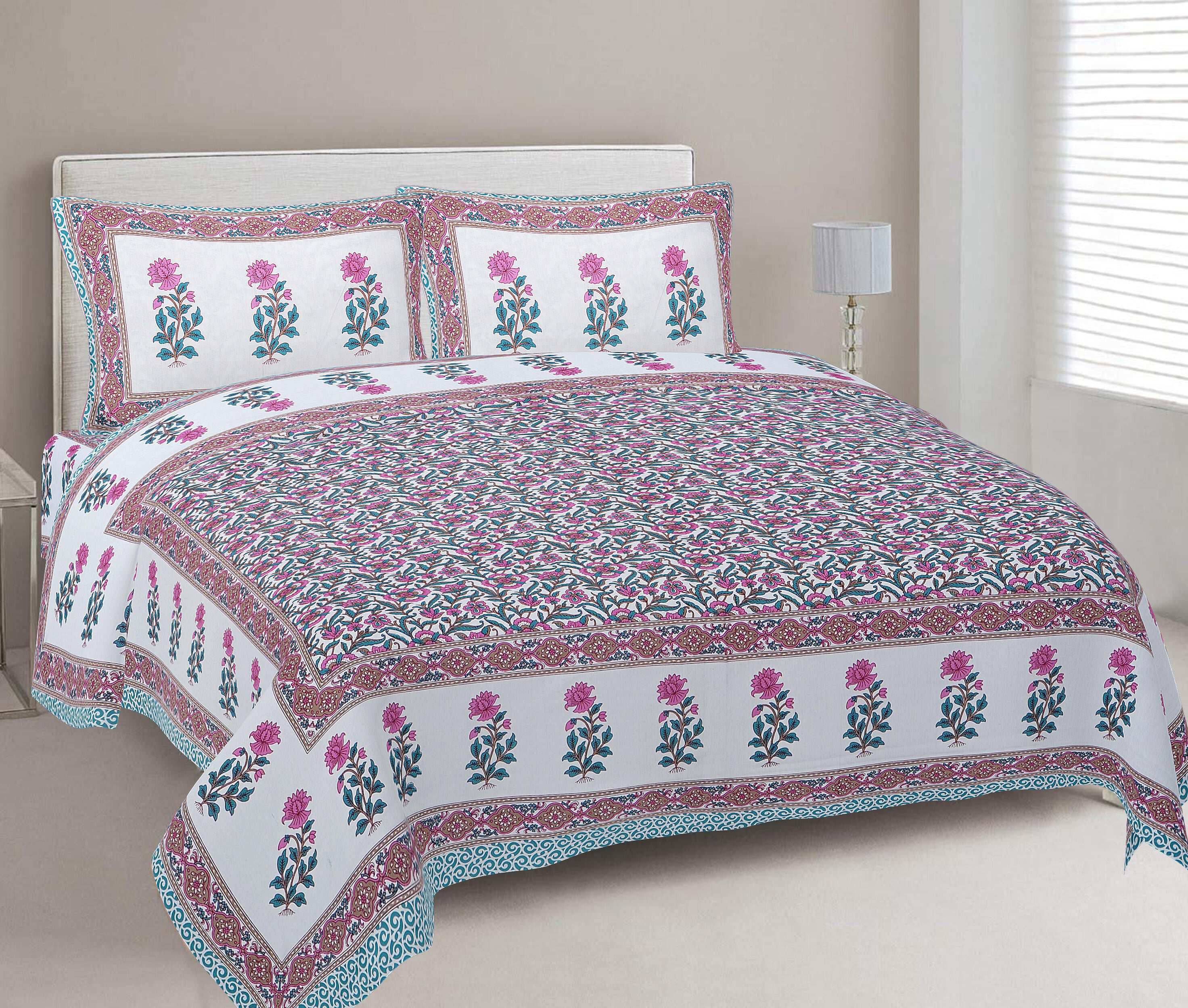 Rudra Bazaar Sea Green 210 TC Cotton Double King Bedsheet With 2 Pillow Covers - Distacart