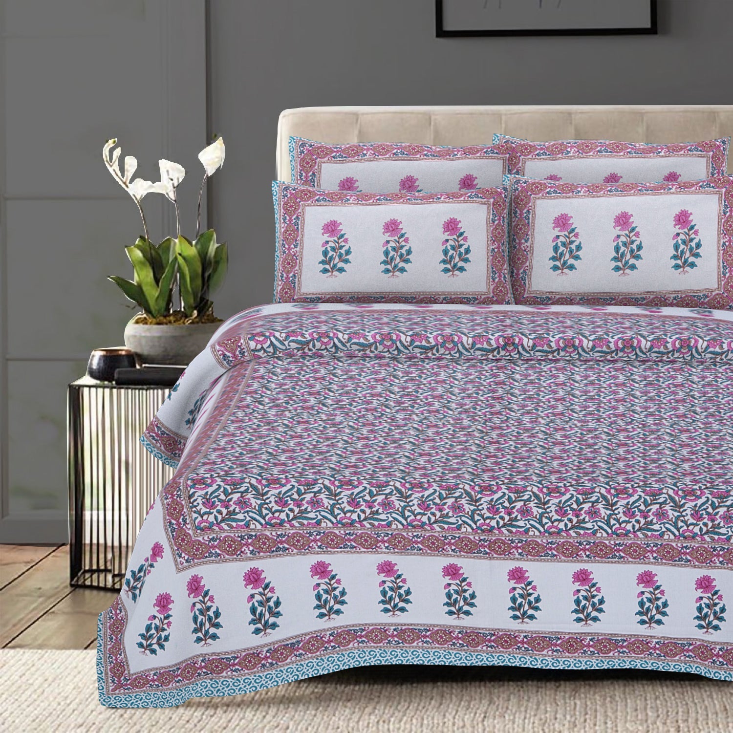 Rudra Bazaar Sea Green 210 TC Cotton Double King Bedsheet With 2 Pillow Covers - Distacart