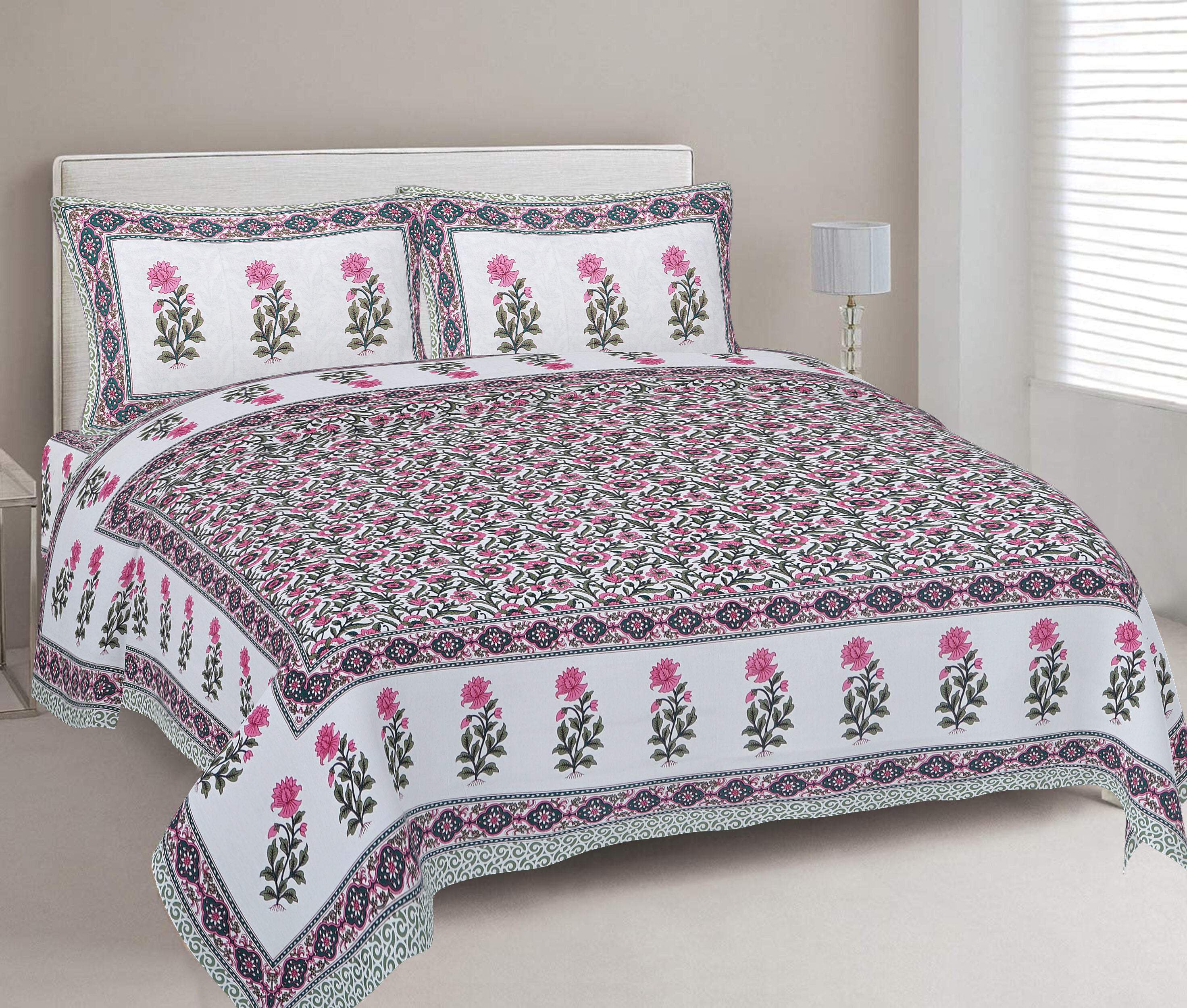 Rudra Bazaar Green 210 TC Cotton Double King Bedsheet With 2 Pillow Covers - Distacart