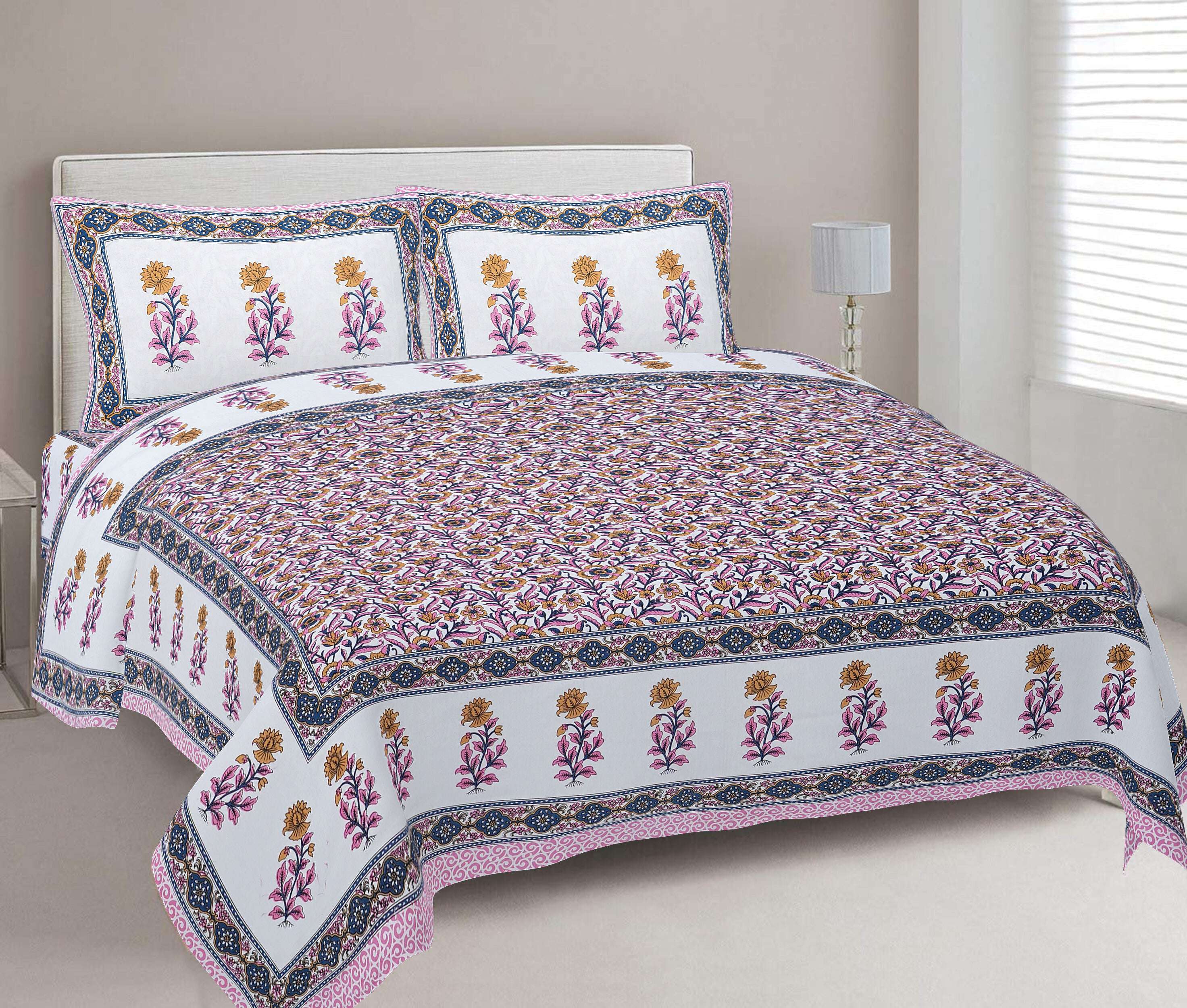 Rudra Bazaar Pink 210 TC Cotton Double King Bedsheet With 2 Pillow Covers - Distacart