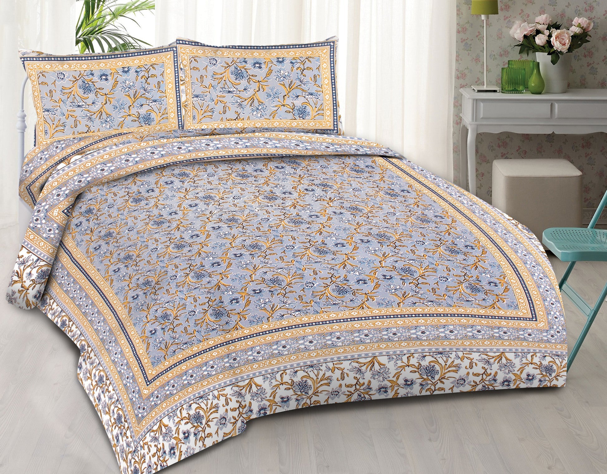 Rudra Bazaar Blue 210 TC Cotton Double King Bedsheet With 2 Pillow Covers - Distacart
