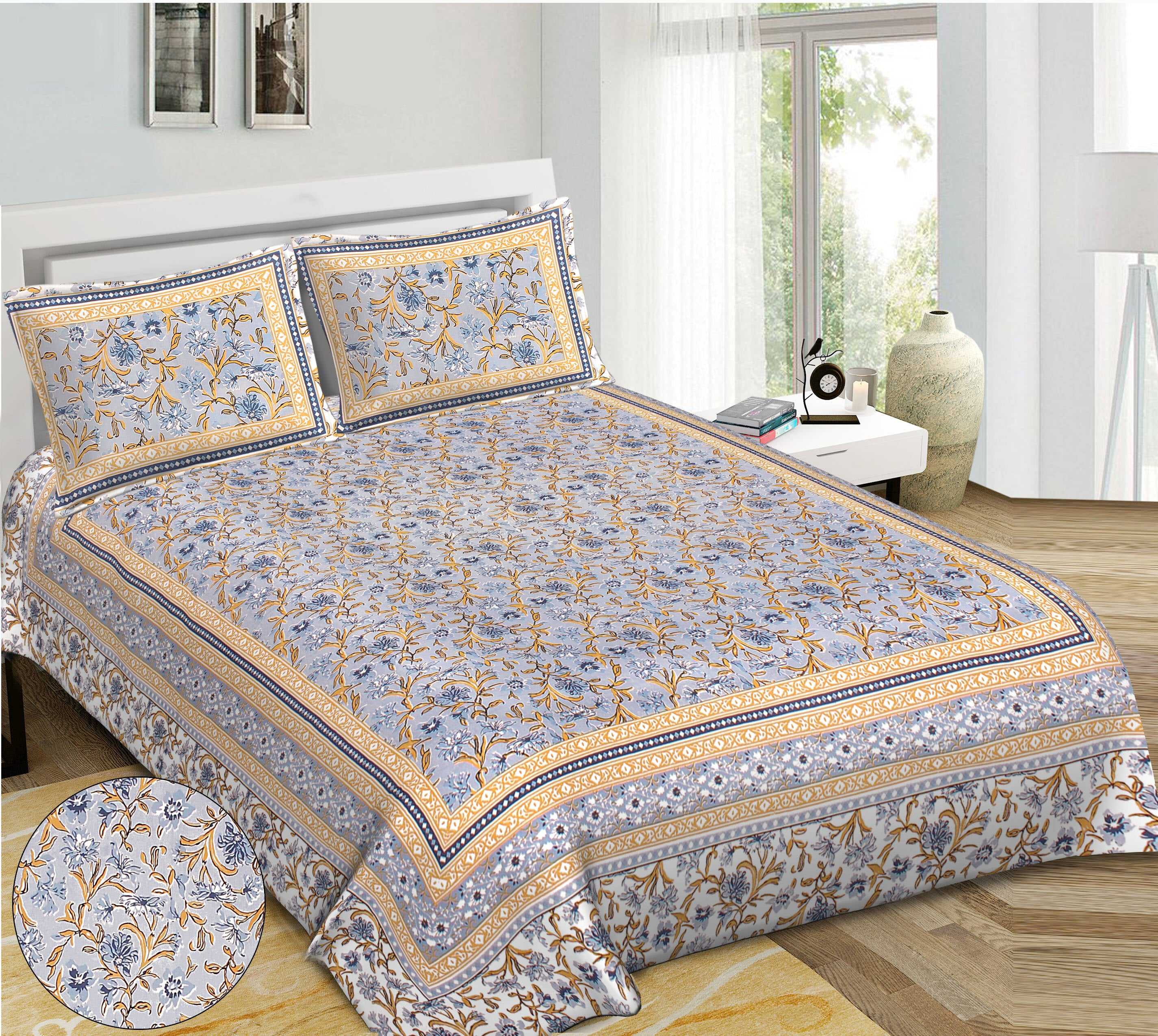 Rudra Bazaar Blue 210 TC Cotton Double King Bedsheet With 2 Pillow Covers - Distacart