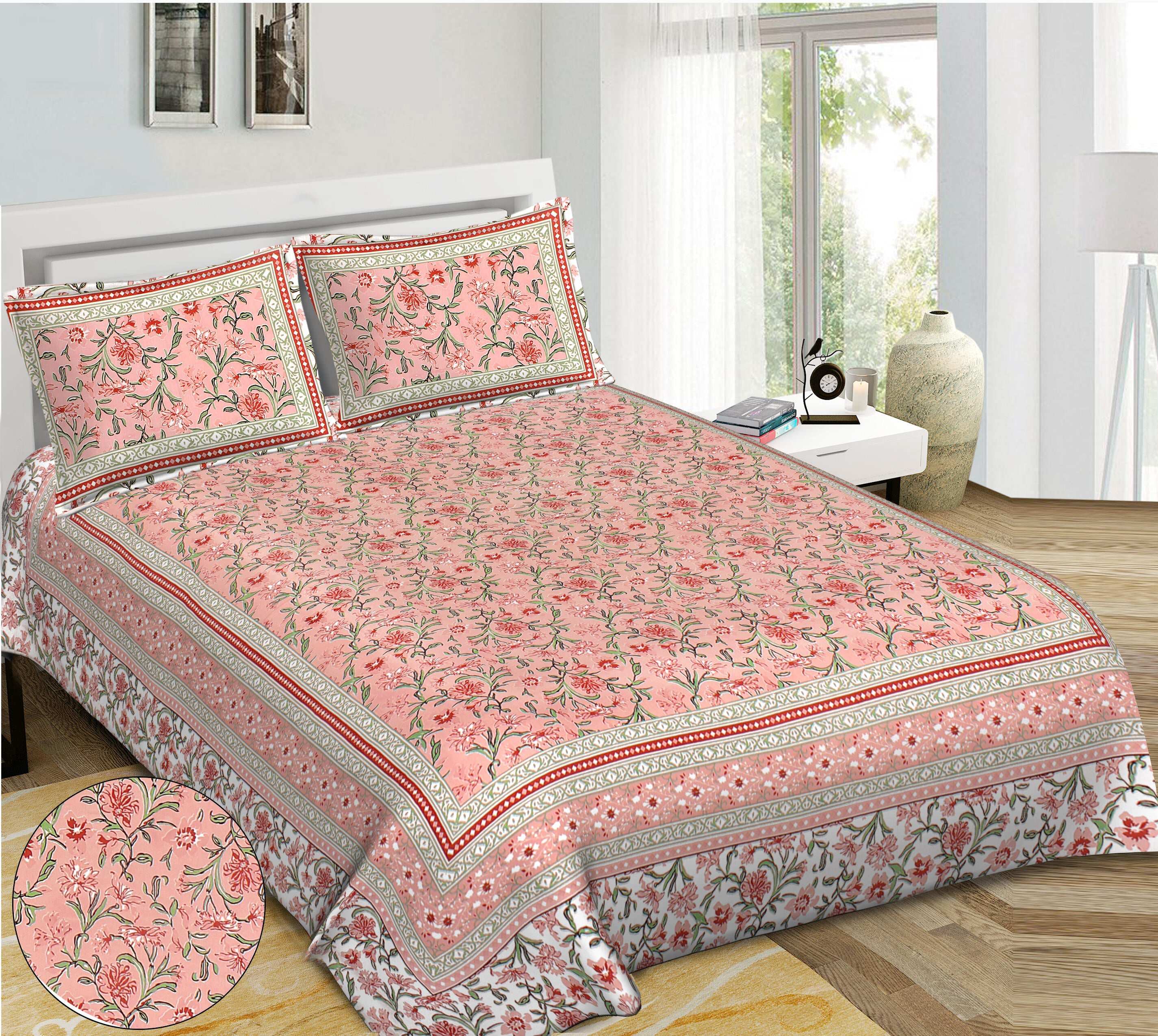 Rudra Bazaar Pink 210 TC Cotton Double King Bedsheet With 2 Pillow Covers - Distacart
